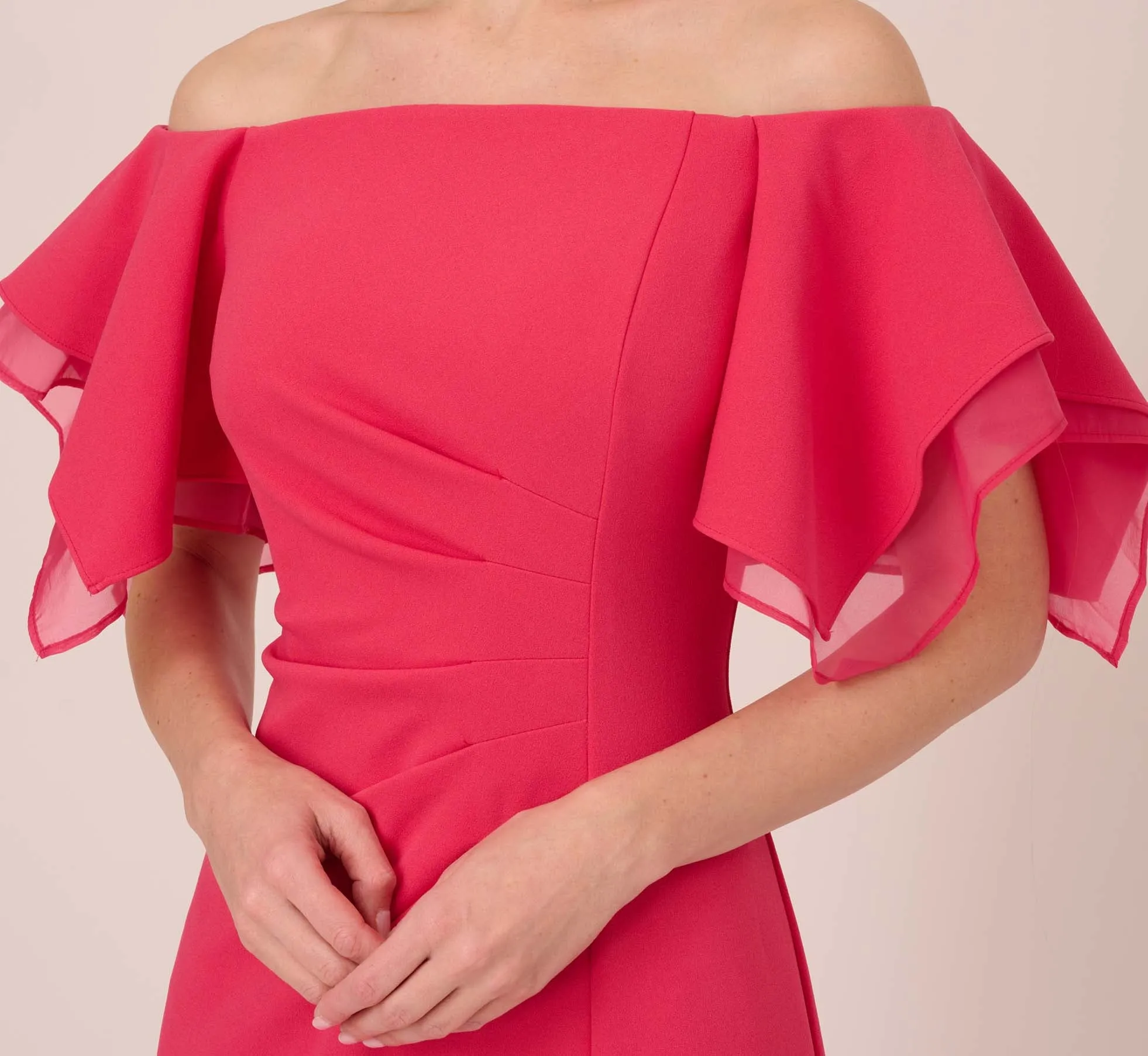 Knit Crepe And Organza Off The Shoulder Long Column Gown With Tiered Sleeves In Pink Lotus