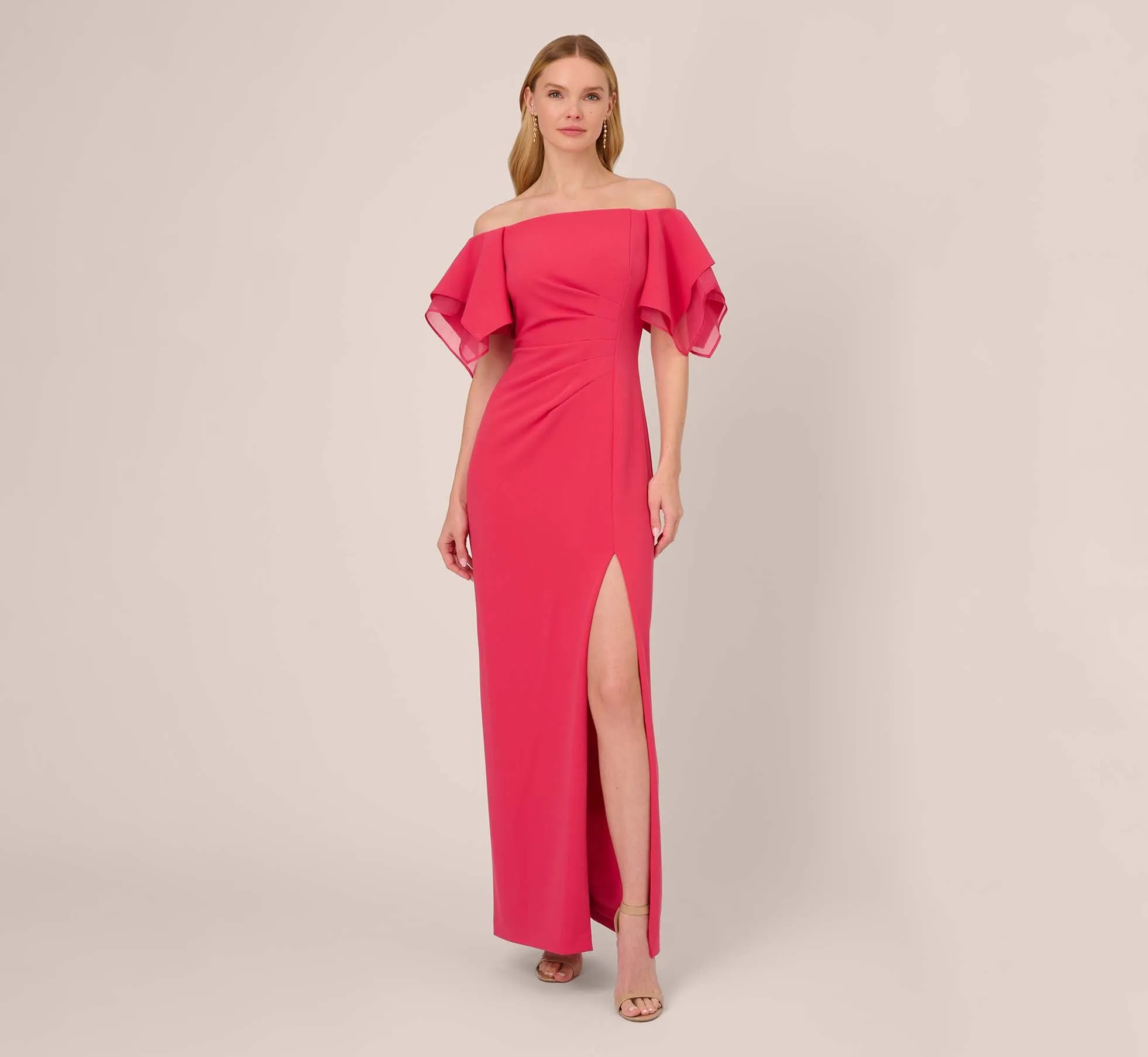 Knit Crepe And Organza Off The Shoulder Long Column Gown With Tiered Sleeves In Pink Lotus