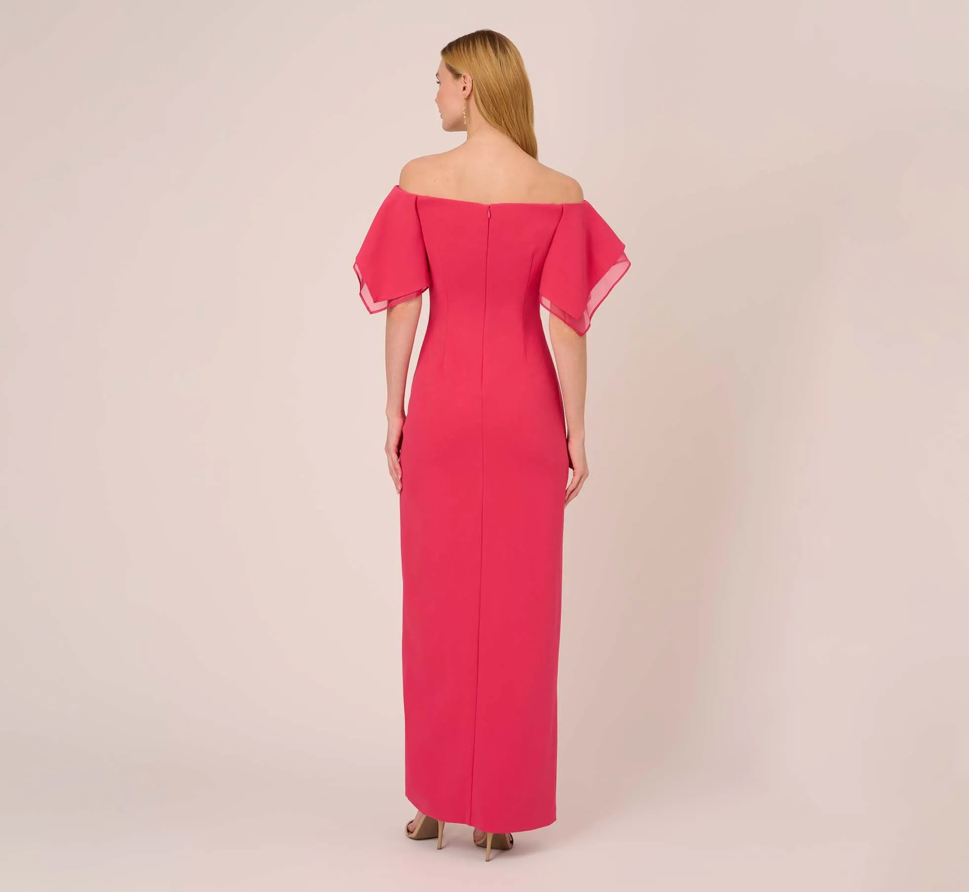 Knit Crepe And Organza Off The Shoulder Long Column Gown With Tiered Sleeves In Pink Lotus