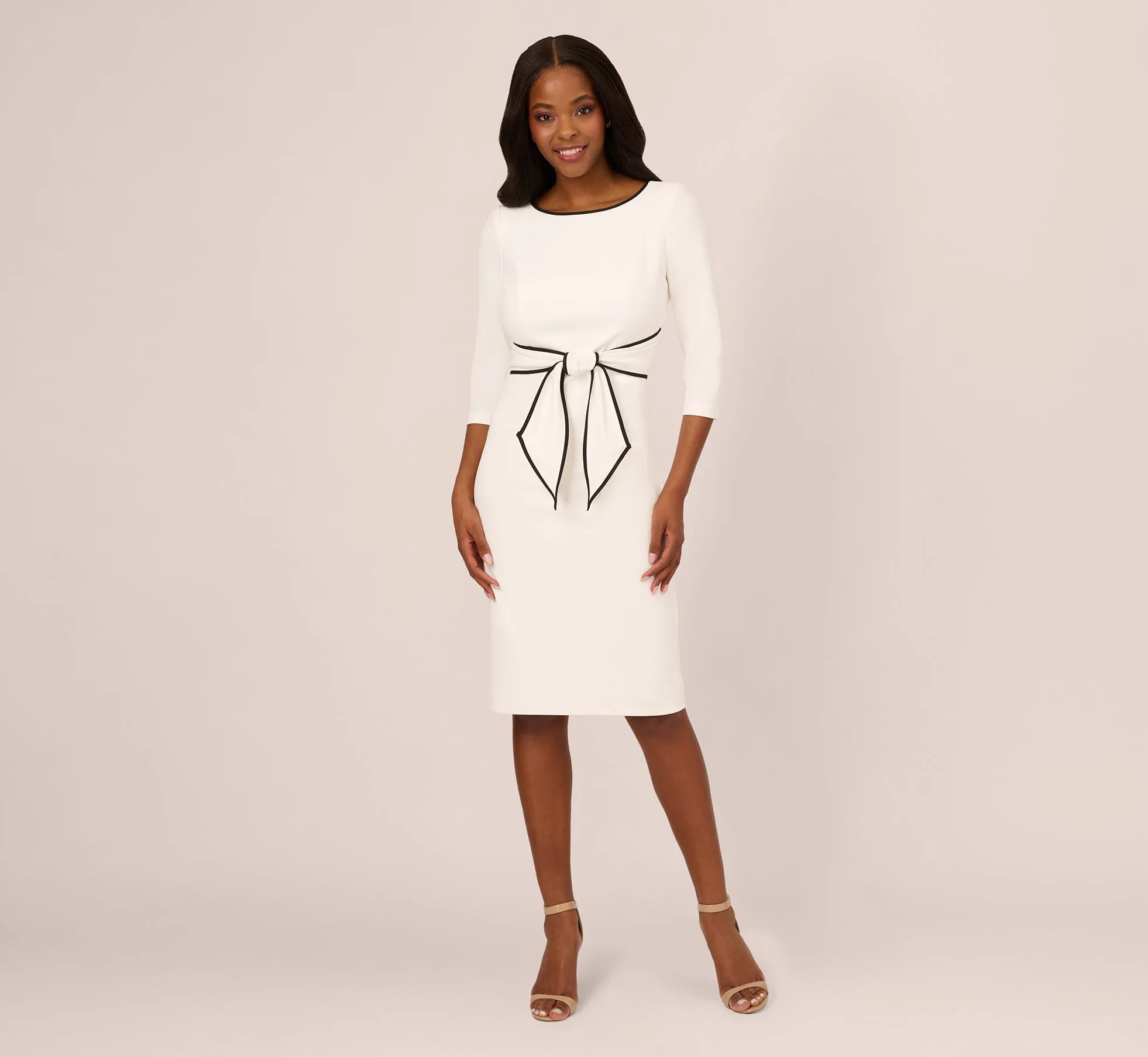 Knit Crepe Tie Dress In Ivory Black