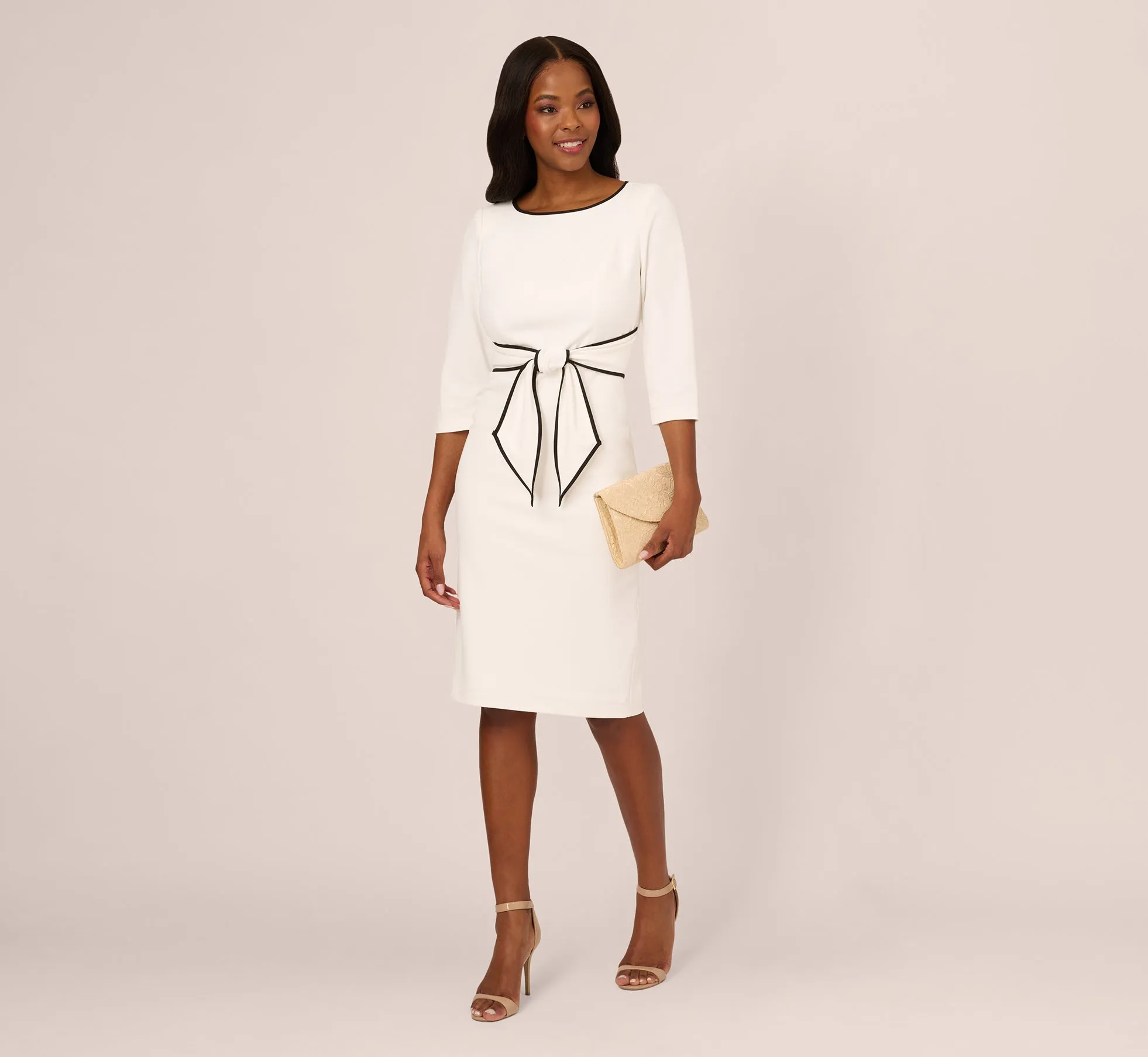 Knit Crepe Tie Dress In Ivory Black