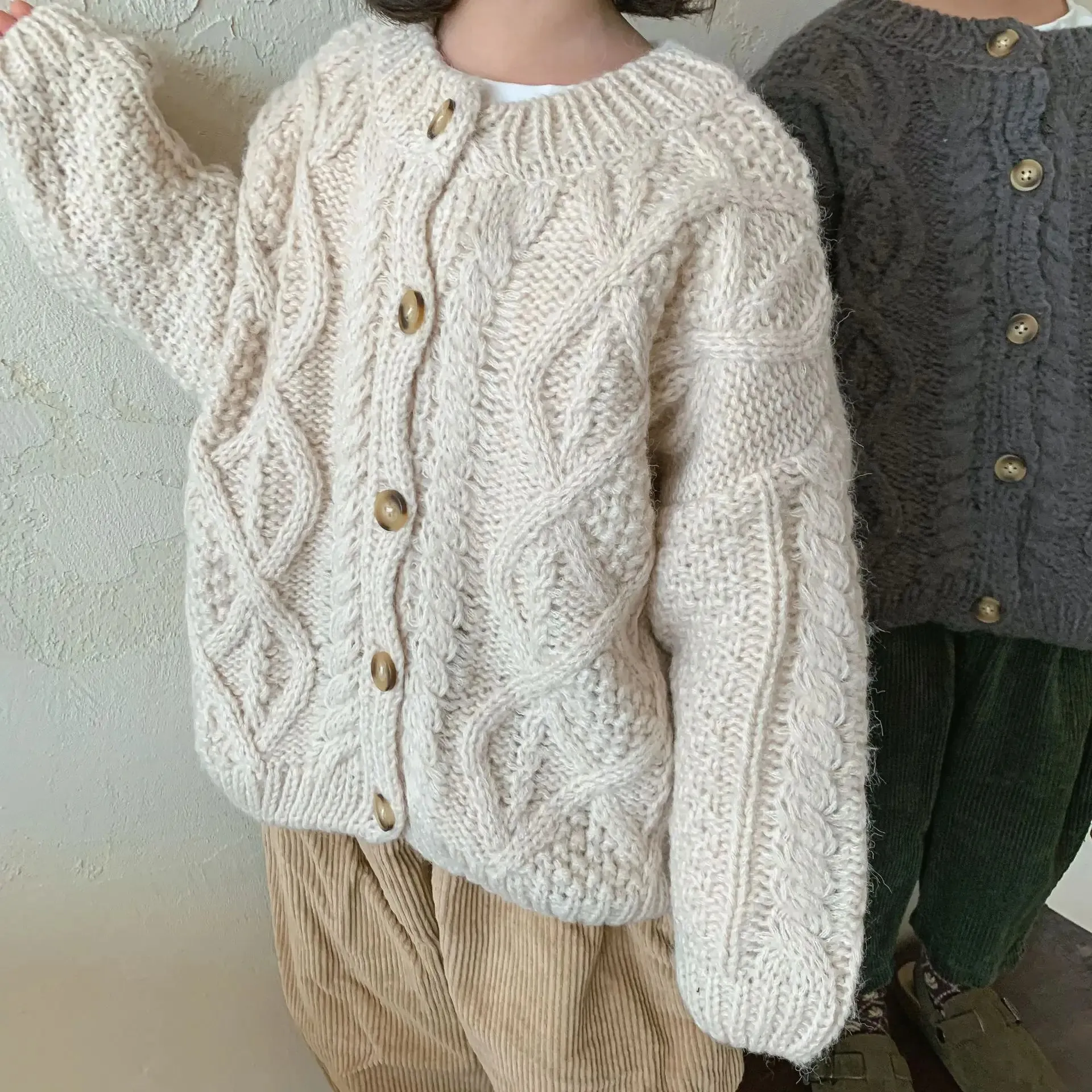 Korean Children Sweaters Cardigan Autumn And Winter 2021 Baby Coarse Wool Hemp Retro Cardigan Coat Boys Girls Sweaters