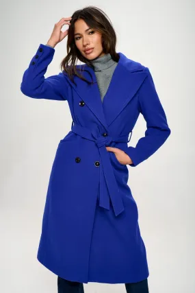 LA Double-Breasted Longline Belted Coat in Royal Blue