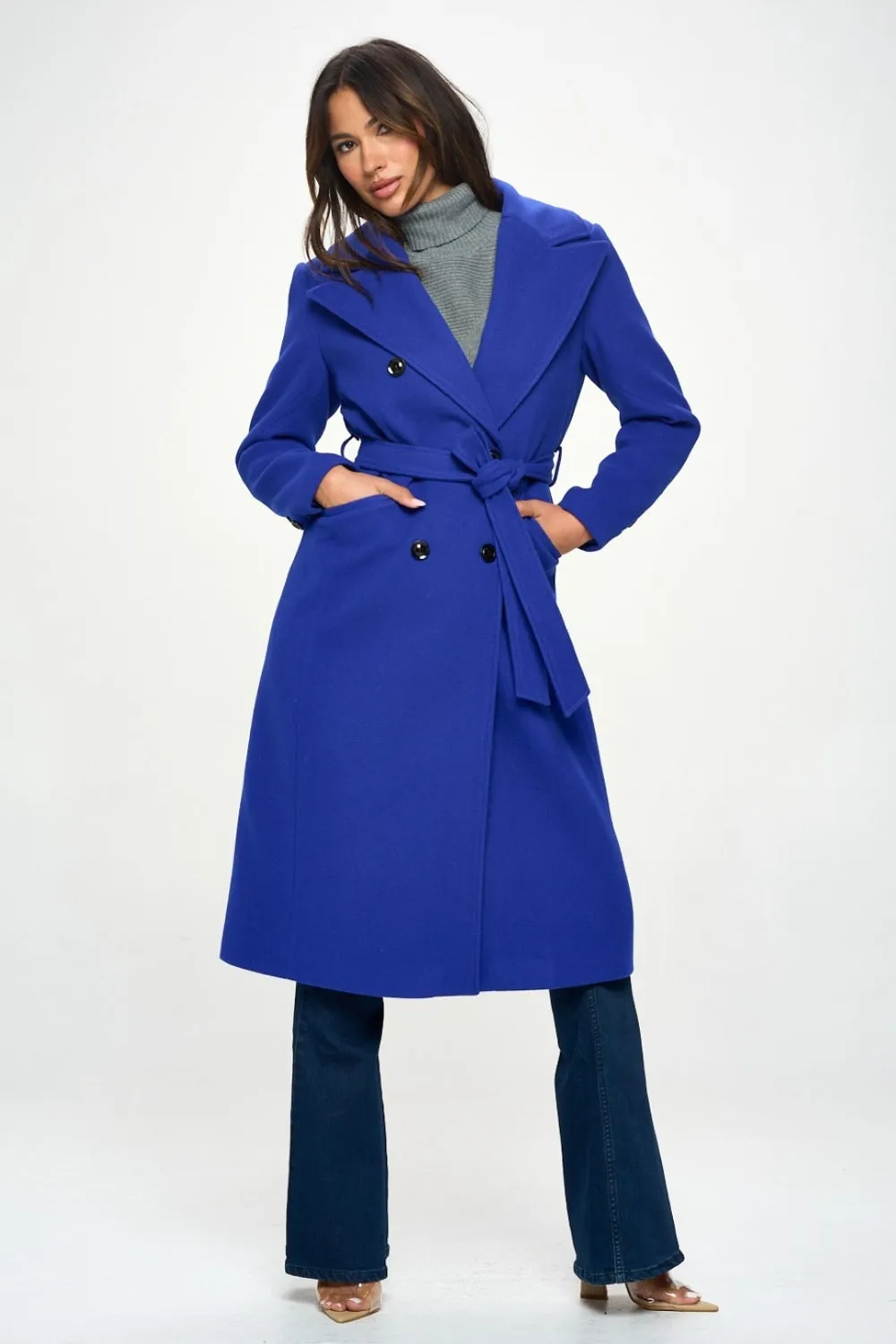 LA Double-Breasted Longline Belted Coat in Royal Blue