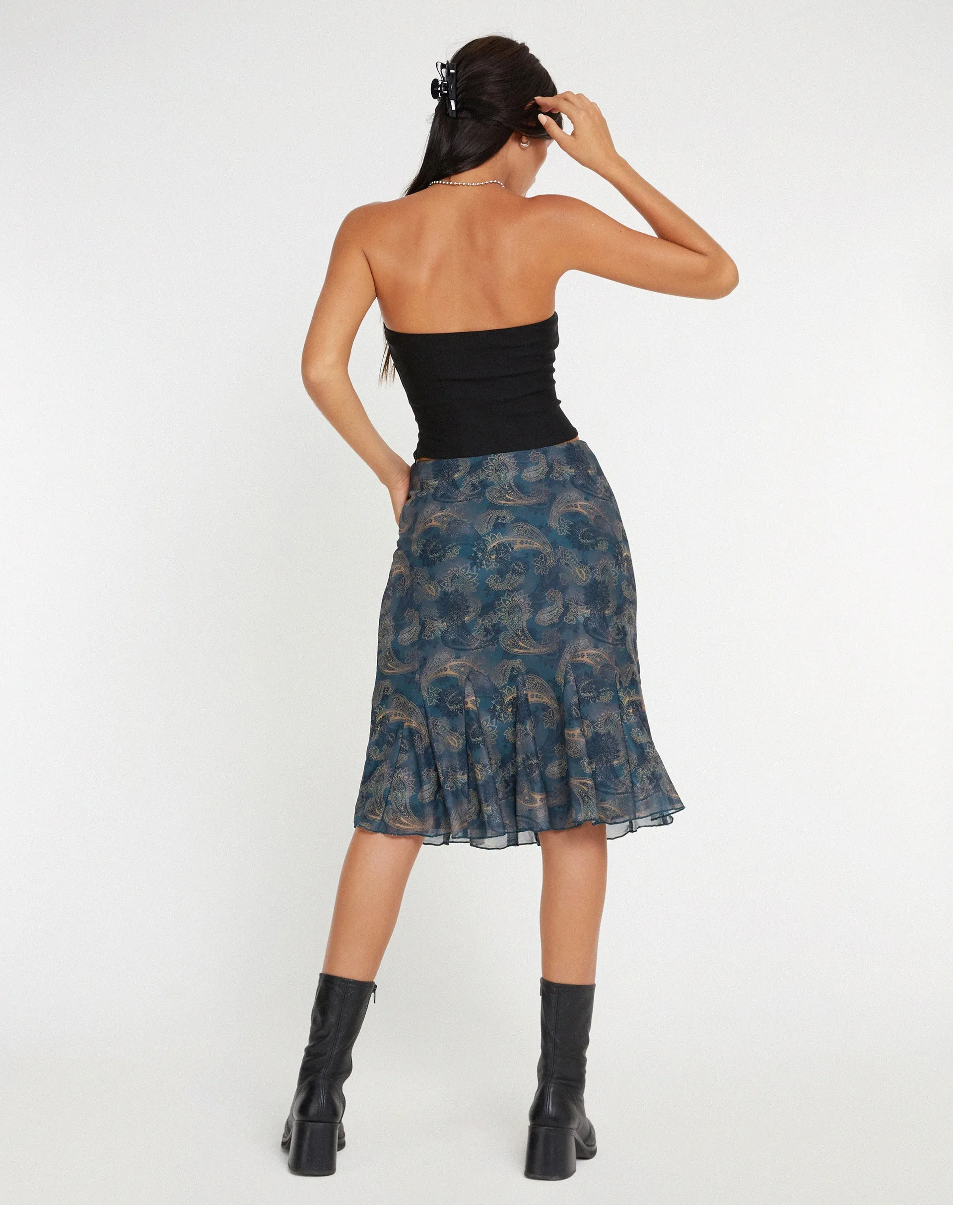 Latrix Mesh Midi Skirt in Tonal Blue Paisley