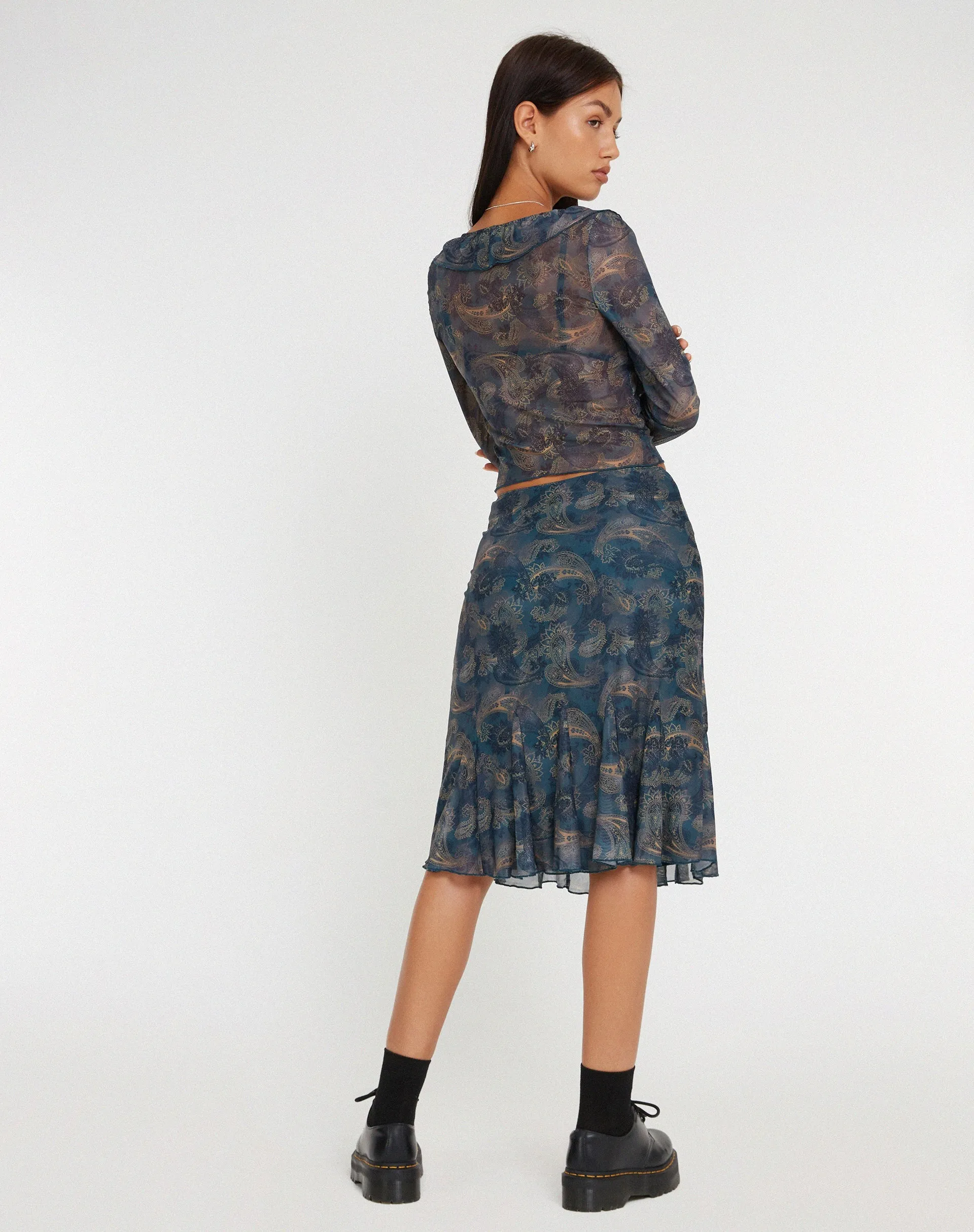 Latrix Mesh Midi Skirt in Tonal Blue Paisley