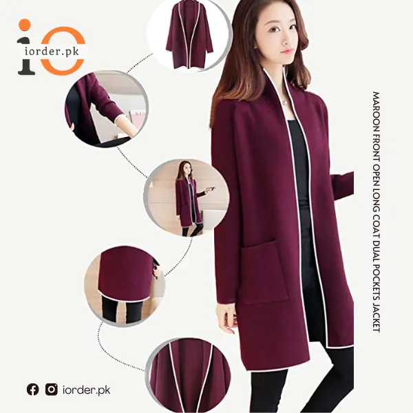 Maroon Front Open Long Coat Dual Pockets Jacket