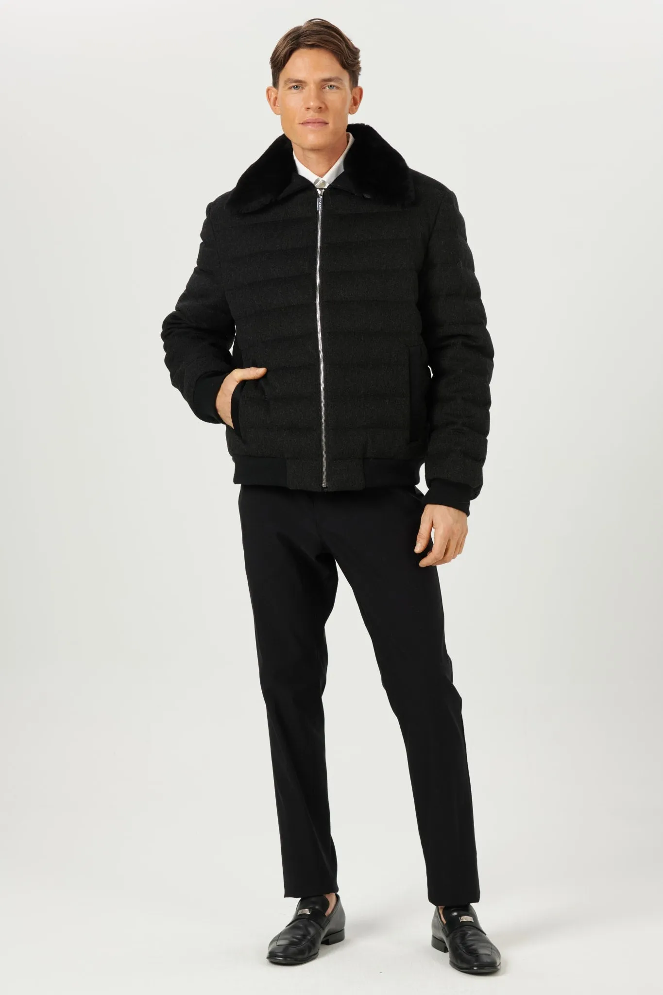 Men's Quilted Wool Jacket with Detachable Select Shearling Lamb Collar