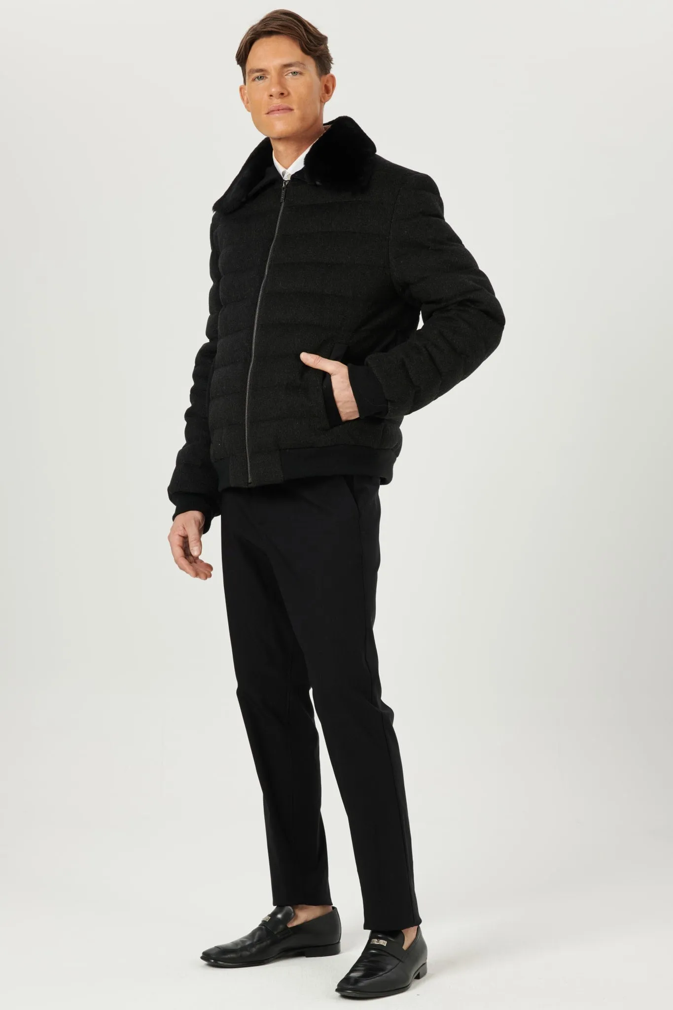 Men's Quilted Wool Jacket with Detachable Select Shearling Lamb Collar