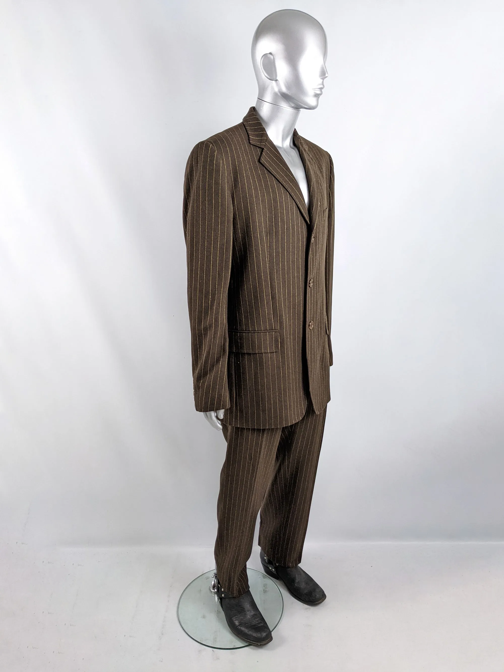 Mens Vintage Two Piece Brown Pinstripe Wool Suit, 1990s