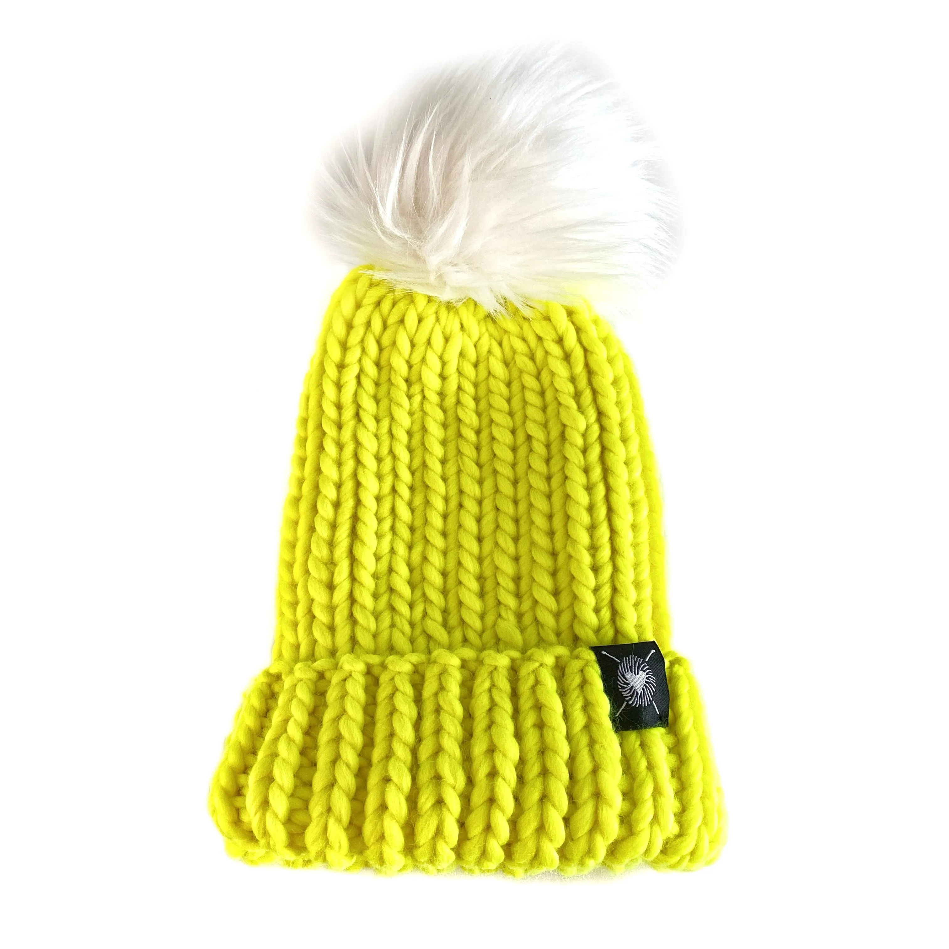 Merino Folded Brim Faux Fur Pom-Pom Beanie in Neon Yellow