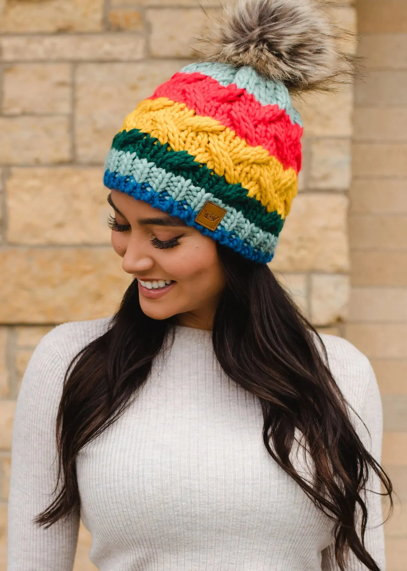 Multicolor Stripe Knit Hat with Pom