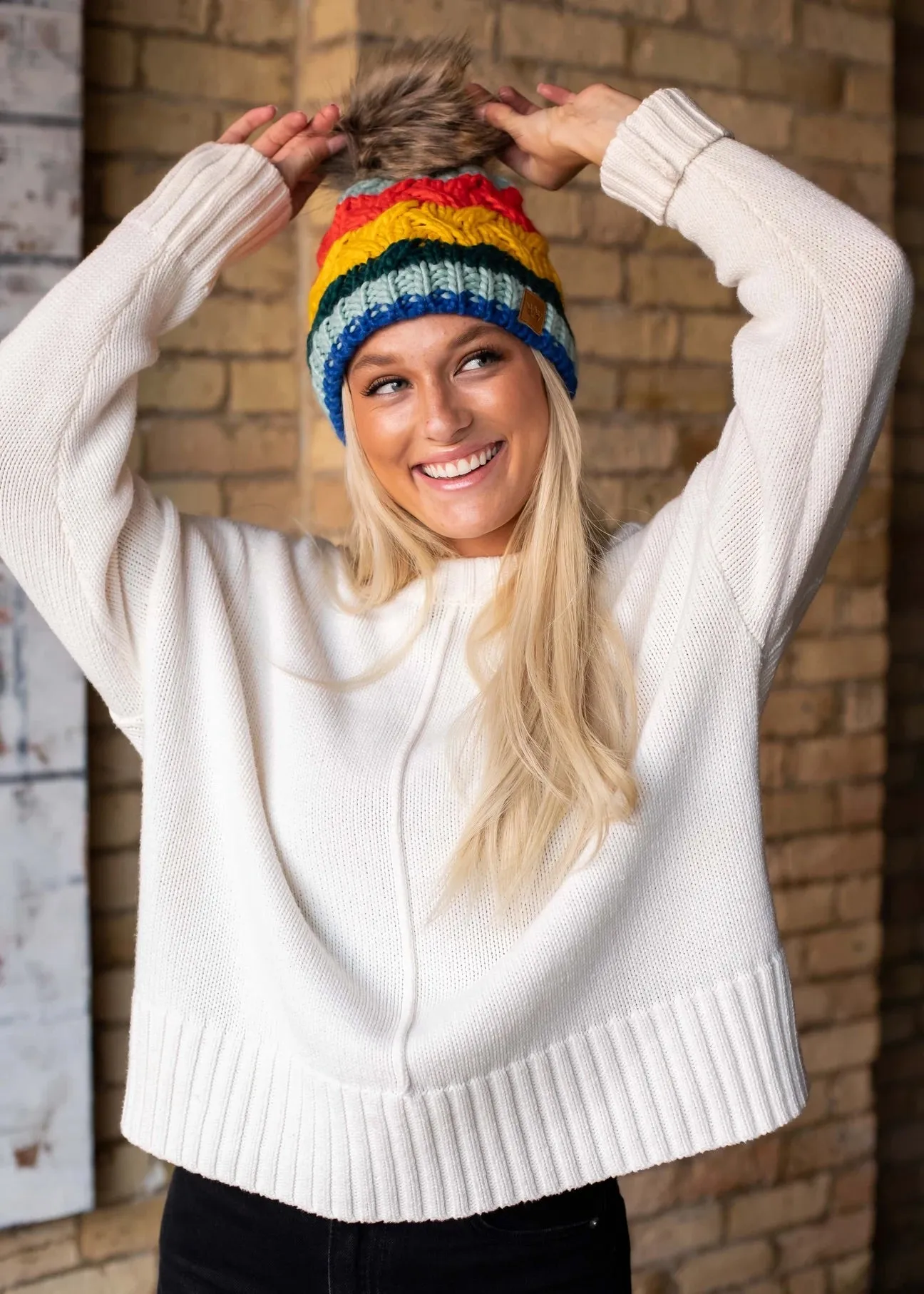 Multicolor Stripe Knit Hat with Pom