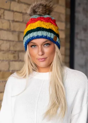 Multicolor Stripe Knit Hat with Pom