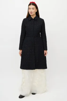 Navy Metallic Flared Wool Coat