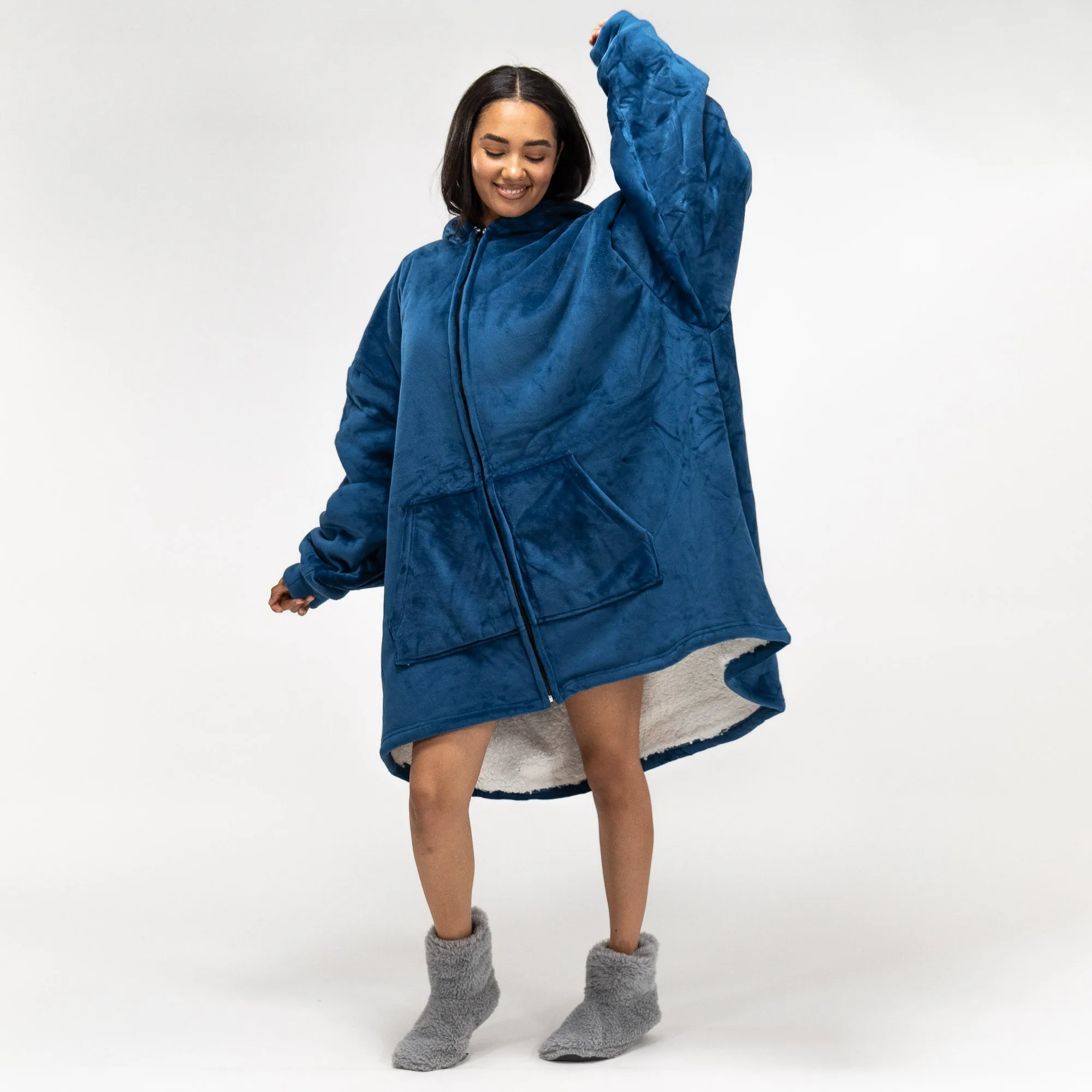 Oversized Zip Up Hoodie Blanket Sweatshirt for Men or Women - Minky Dark Blue