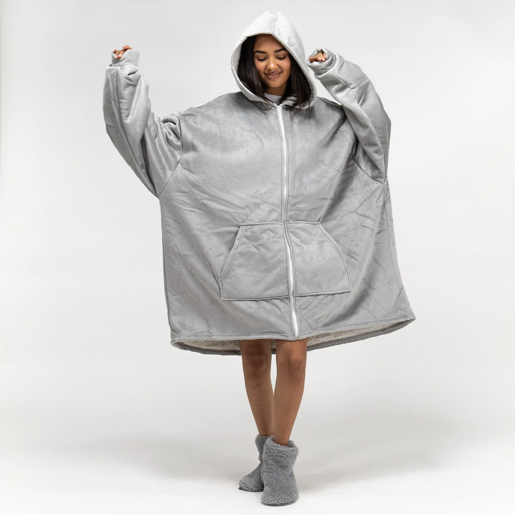 Oversized Zip Up Hoodie Blanket Sweatshirt for Men or Women - Minky Grey