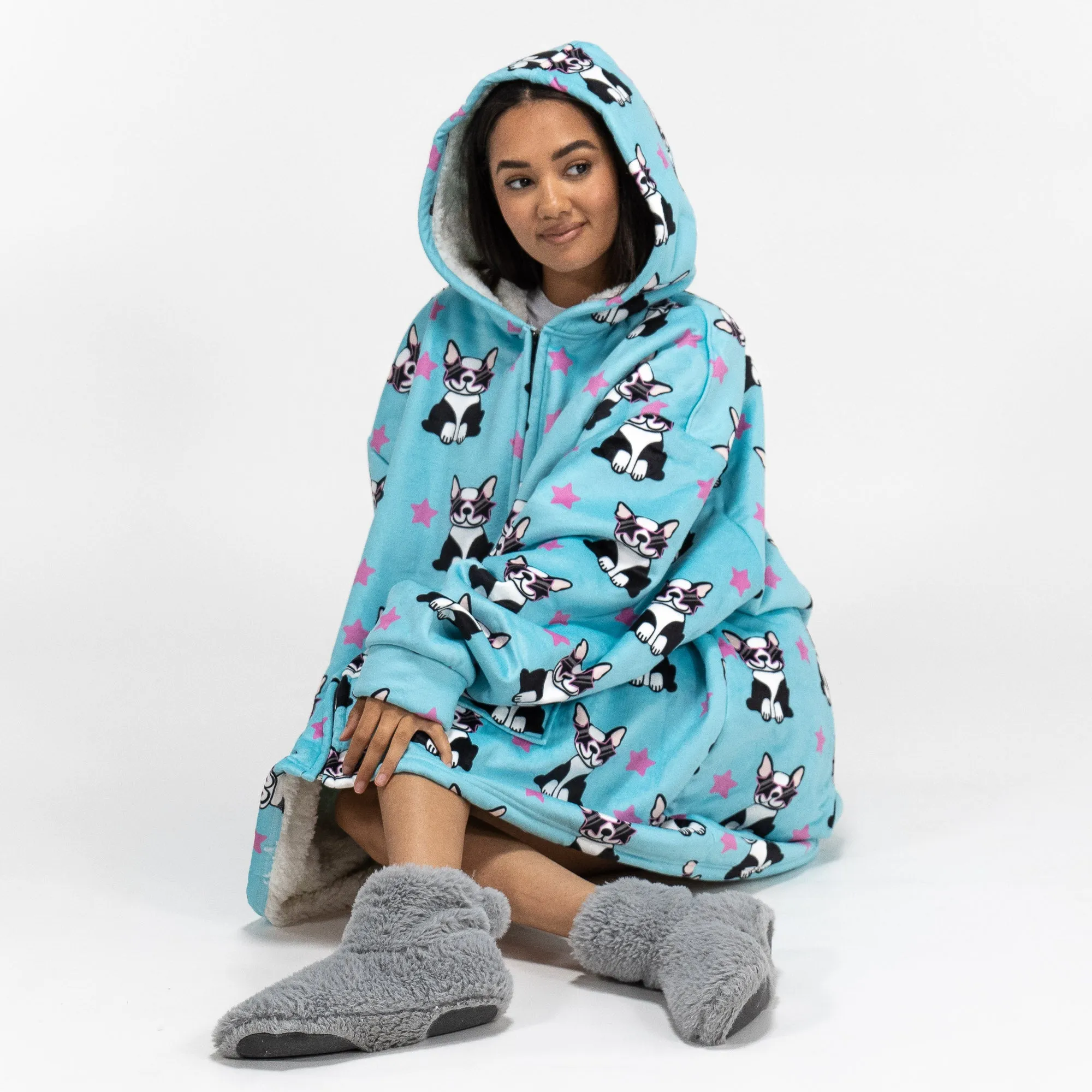 Oversized Zip Up Hoodie Blanket Sweatshirt for Men or Women - Minky Pug