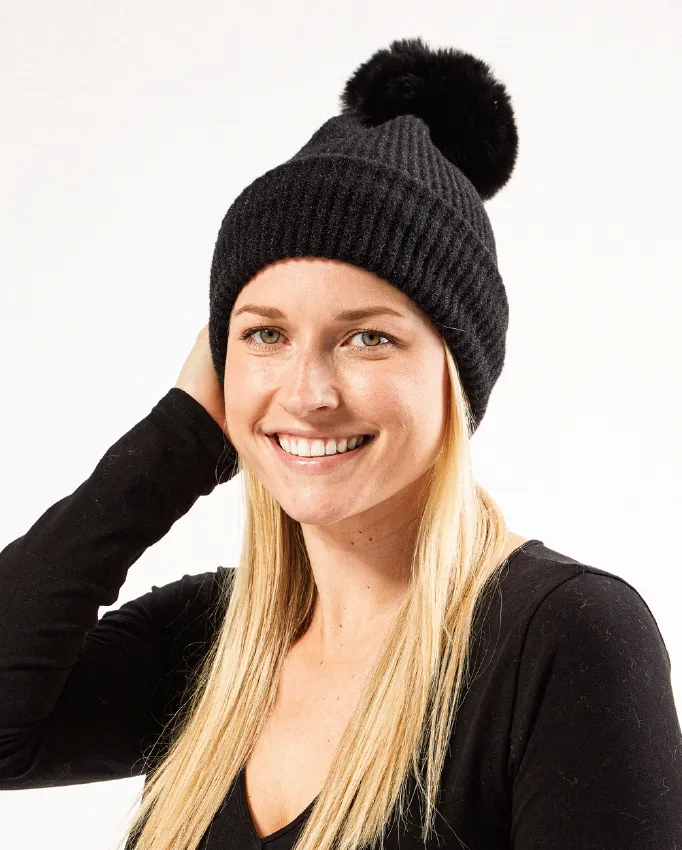 Plush Knit Pom Pom Beanie - Black