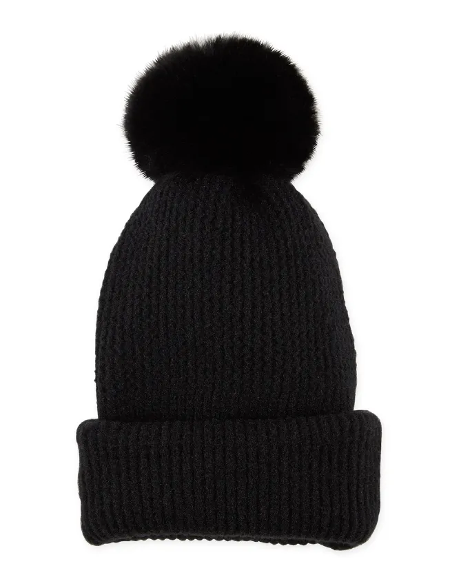 Plush Knit Pom Pom Beanie - Black