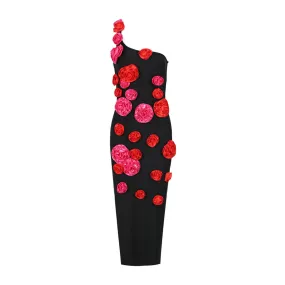 Pre Order:  Black Flower Mid-Length Back-Slit Dress