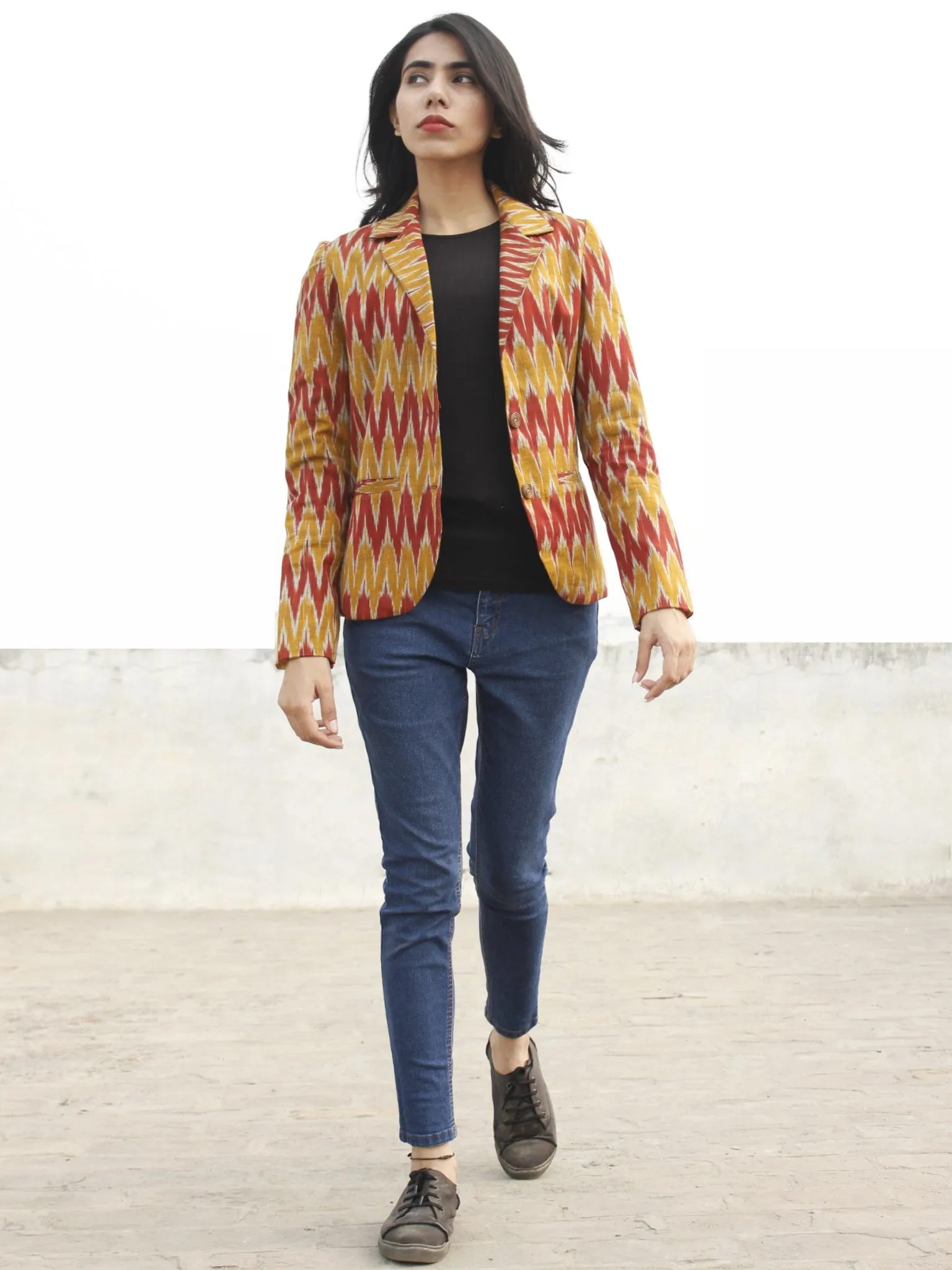 Rust Red Mustard Yellow Ivory Hand Woven Ikat Blazer - J07F970