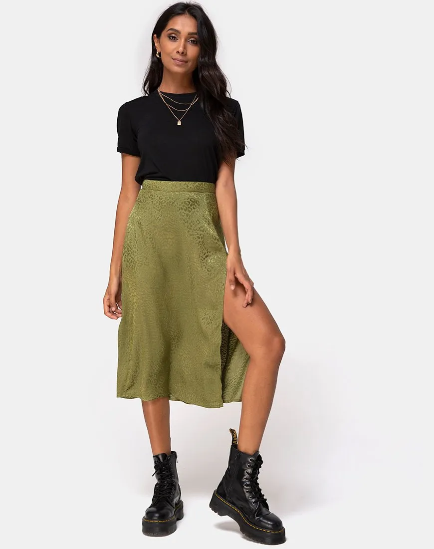 Saika Midi Skirt in Satin Cheetah Khaki