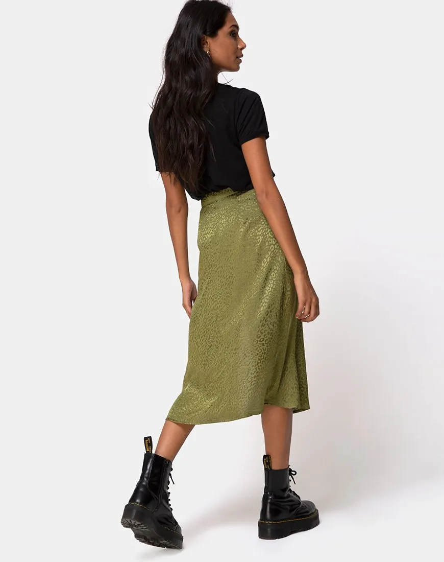 Saika Midi Skirt in Satin Cheetah Khaki