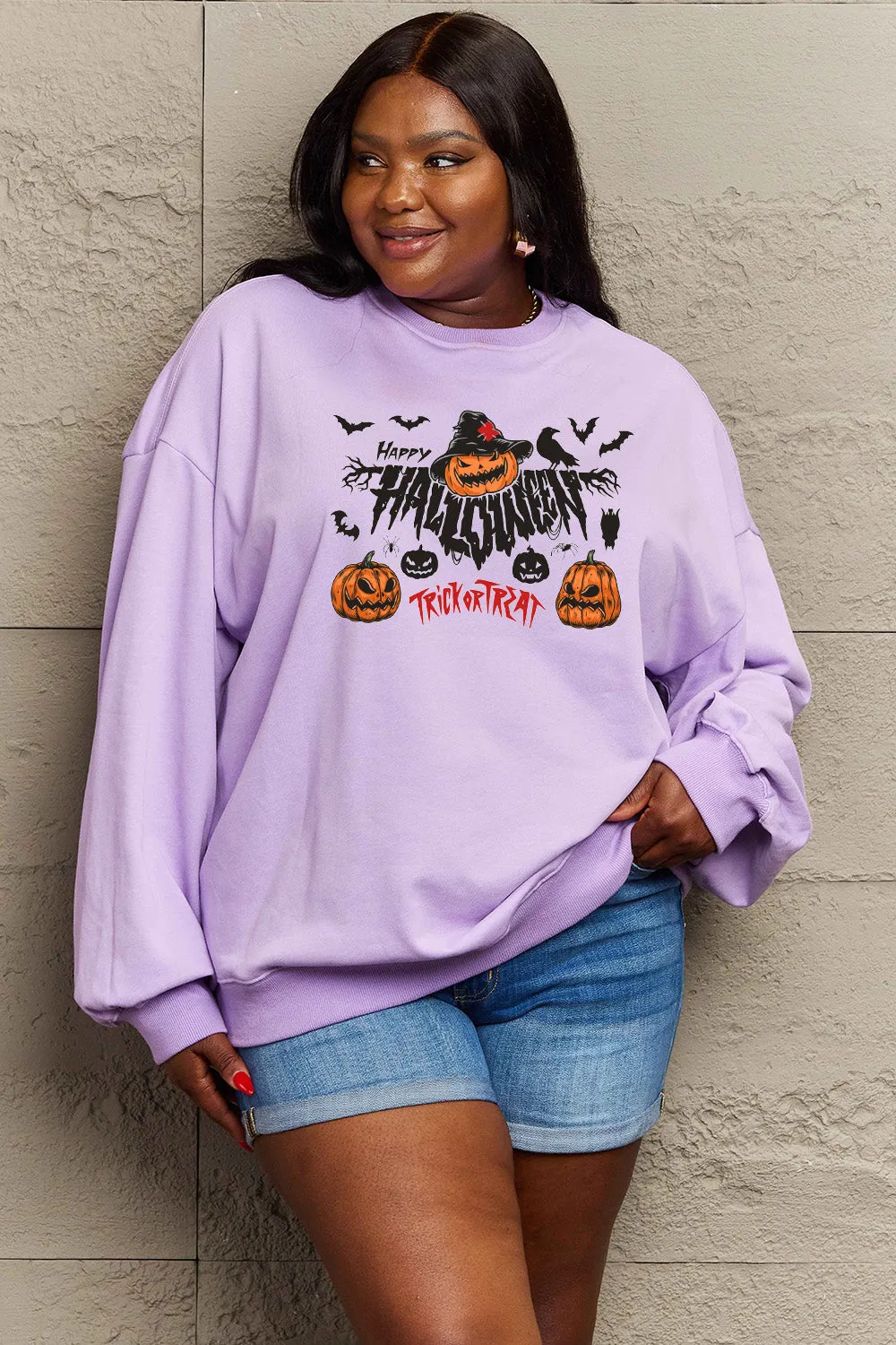 Simply Love Full Size HAPPY HALLOWEEN TRICK OR TREAT Graphic Sweatshirt