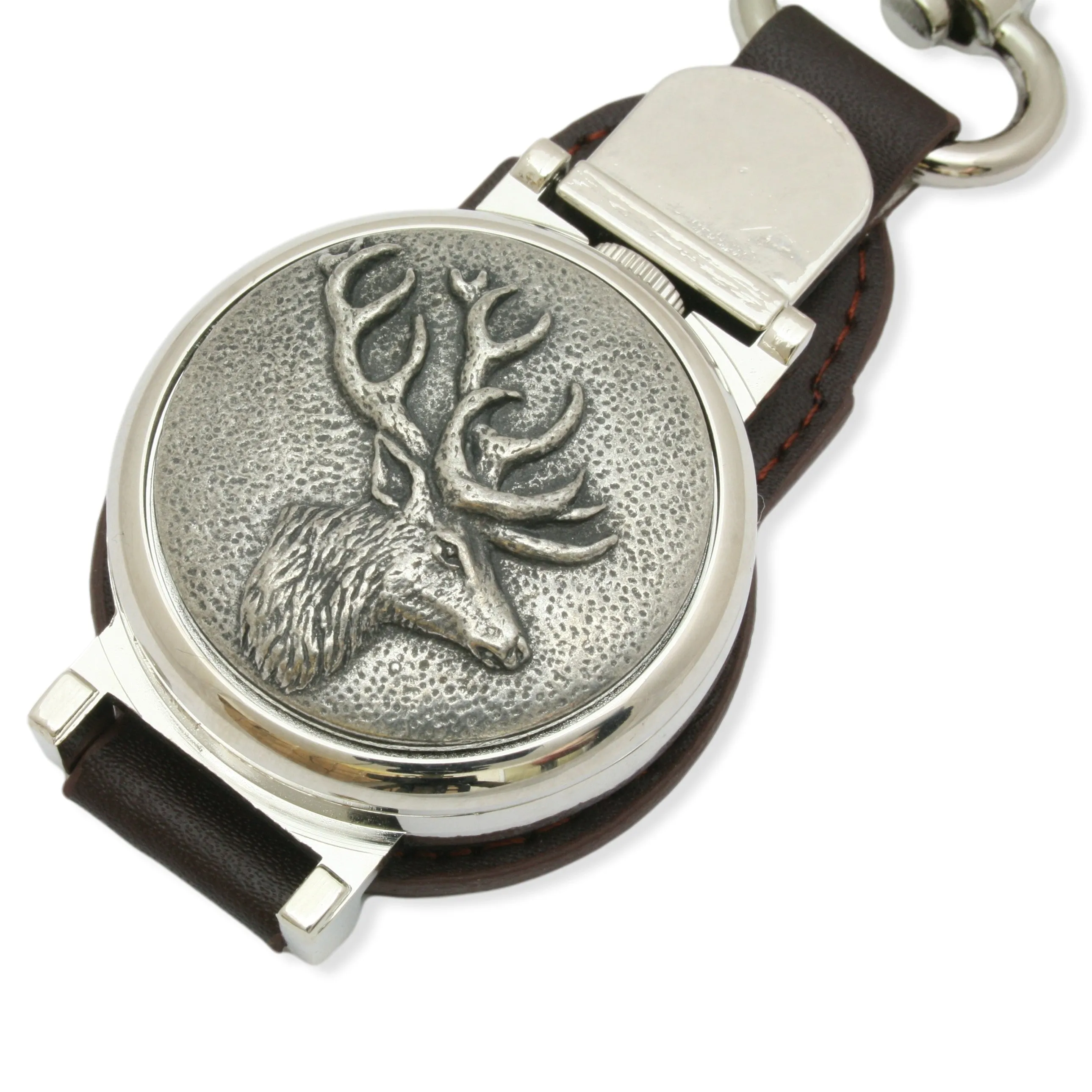 Stag Head Leather Backed Flip Down Fob Watch