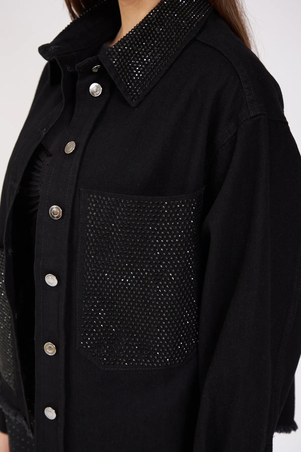 Stone Embroidered Denim Jacket Black