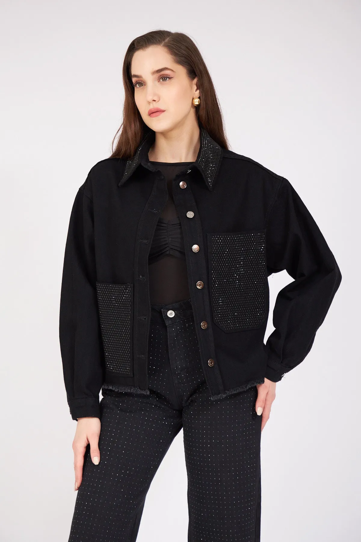 Stone Embroidered Denim Jacket Black