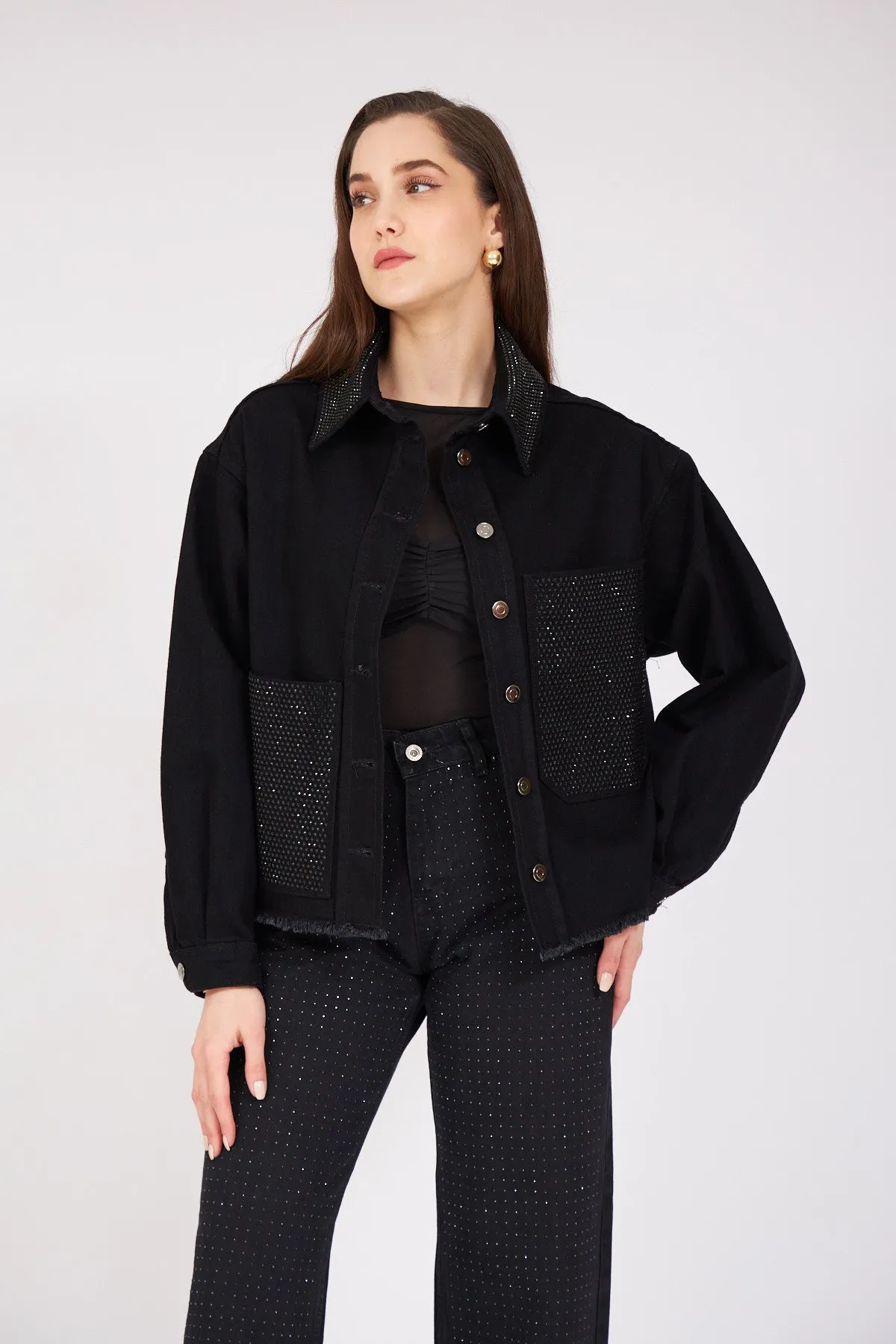 Stone Embroidered Denim Jacket Black