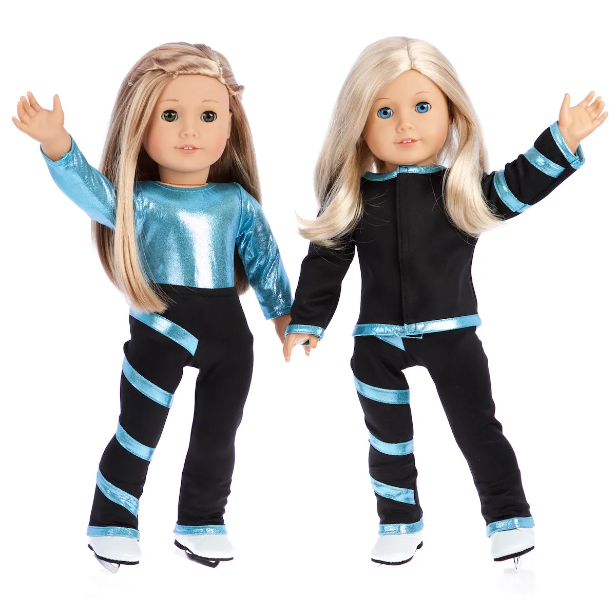 Super Skater - 2 Complete Ice Skating Doll Outfits for 18 inch Dolls - 5 Pieces - Leotard, Skirt, Pants, Jacket, White Skates