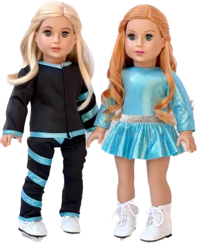 Super Skater - 2 Complete Ice Skating Doll Outfits for 18 inch Dolls - 5 Pieces - Leotard, Skirt, Pants, Jacket, White Skates