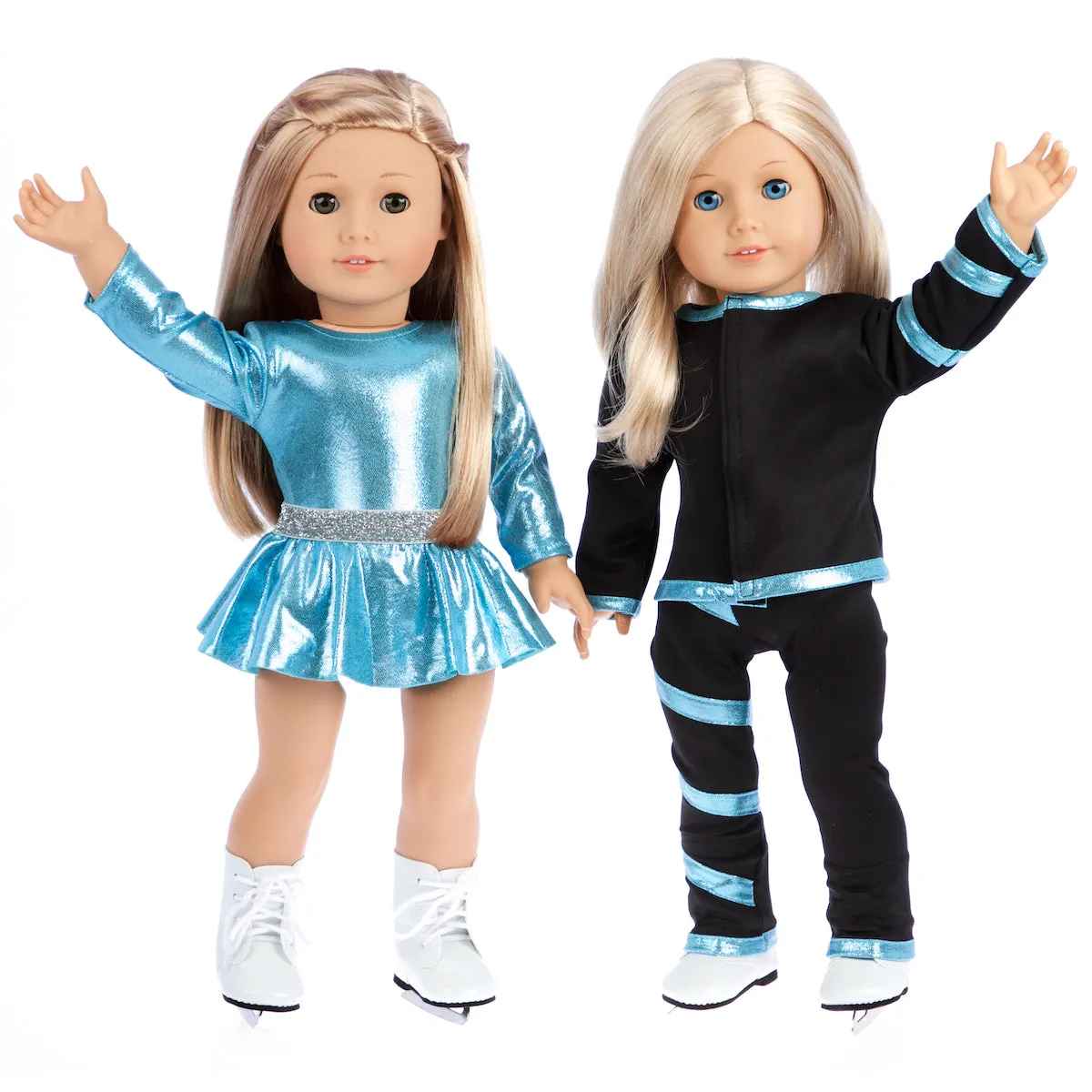 Super Skater - 2 Complete Ice Skating Doll Outfits for 18 inch Dolls - 5 Pieces - Leotard, Skirt, Pants, Jacket, White Skates