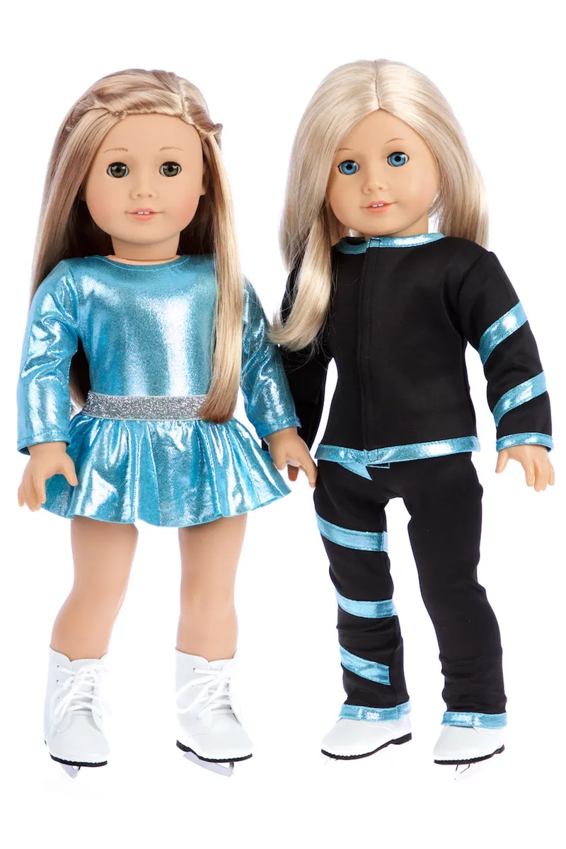 Super Skater - 2 Complete Ice Skating Doll Outfits for 18 inch Dolls - 5 Pieces - Leotard, Skirt, Pants, Jacket, White Skates