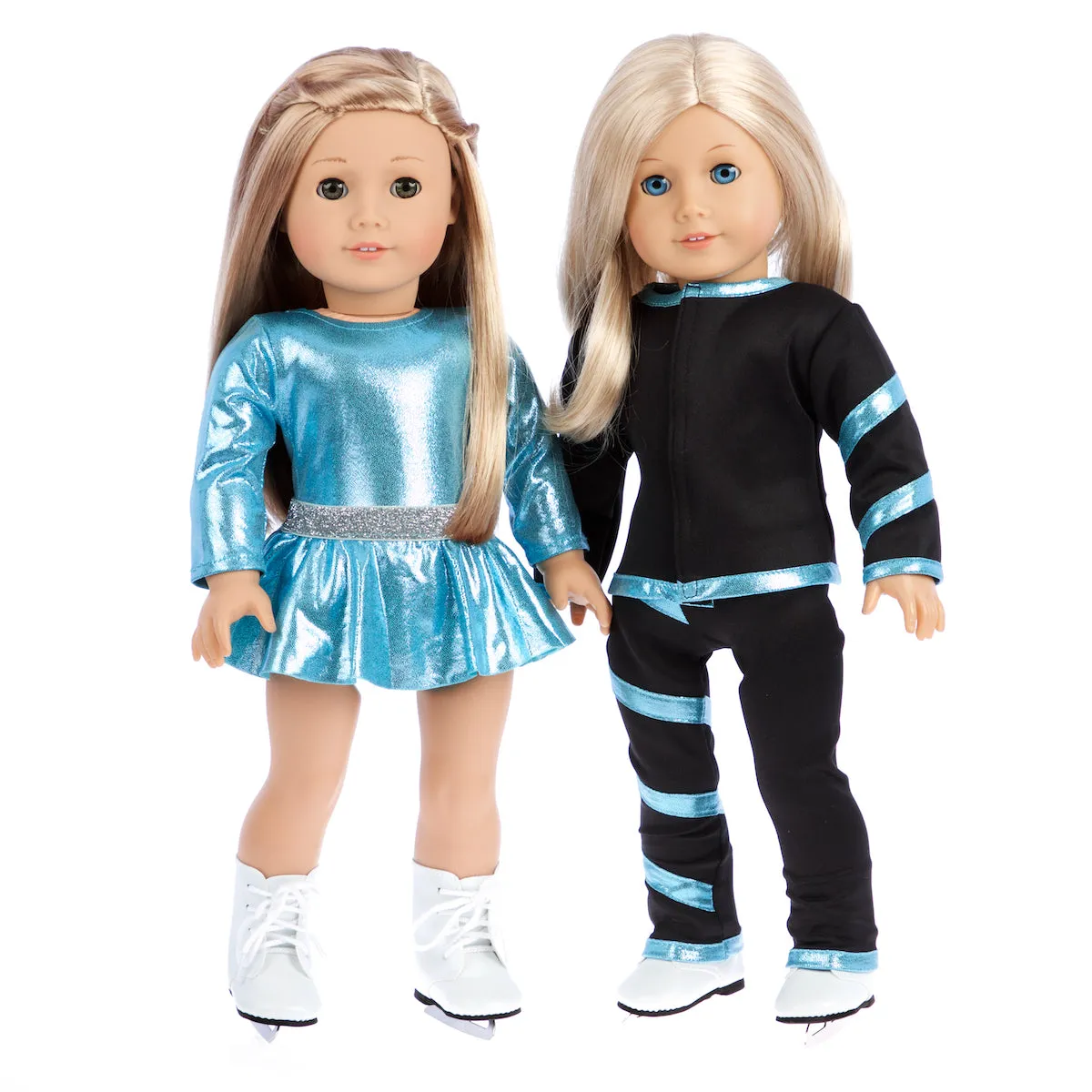 Super Skater - 2 Complete Ice Skating Doll Outfits for 18 inch Dolls - 5 Pieces - Leotard, Skirt, Pants, Jacket, White Skates