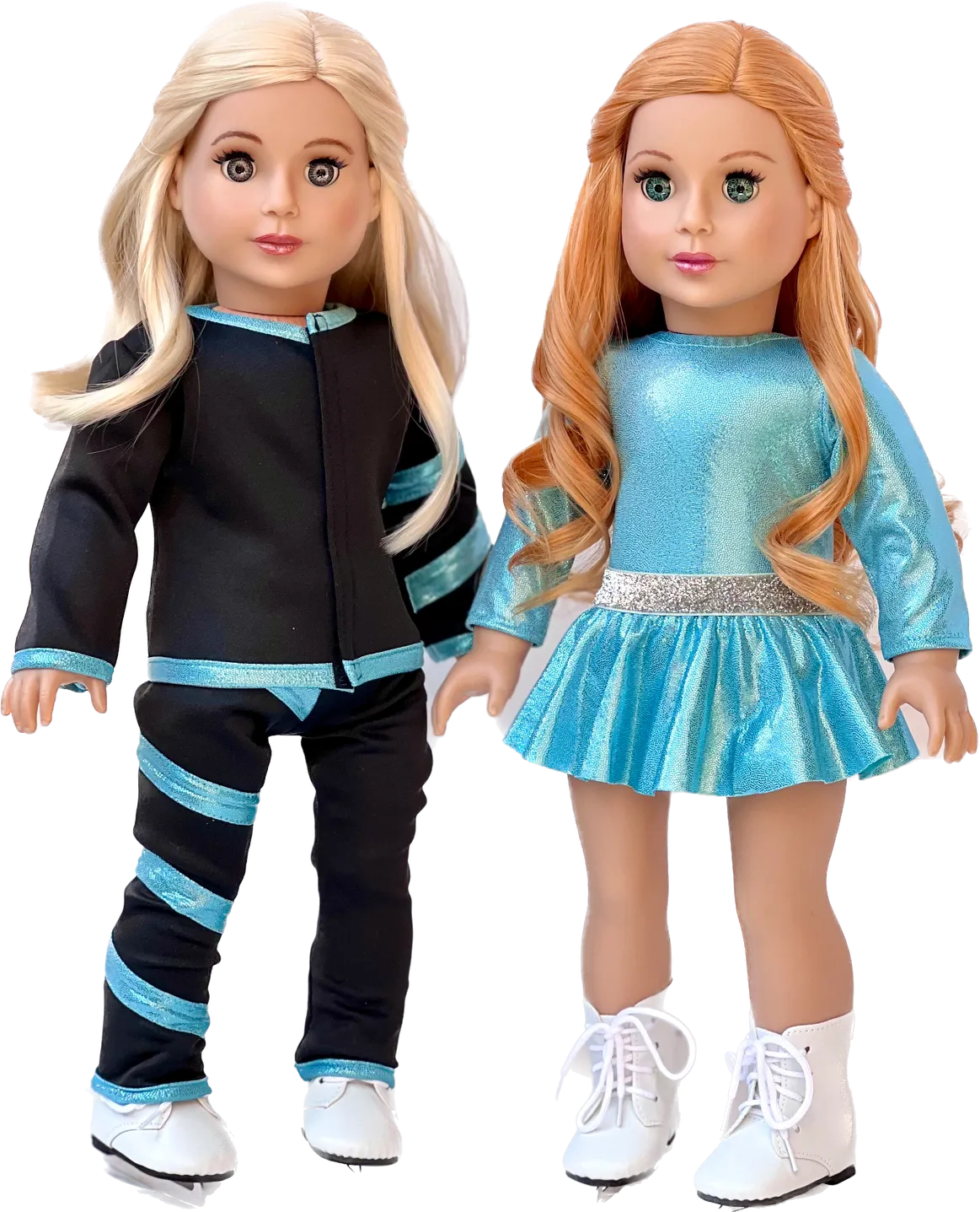 Super Skater - 2 Complete Ice Skating Doll Outfits for 18 inch Dolls - 5 Pieces - Leotard, Skirt, Pants, Jacket, White Skates