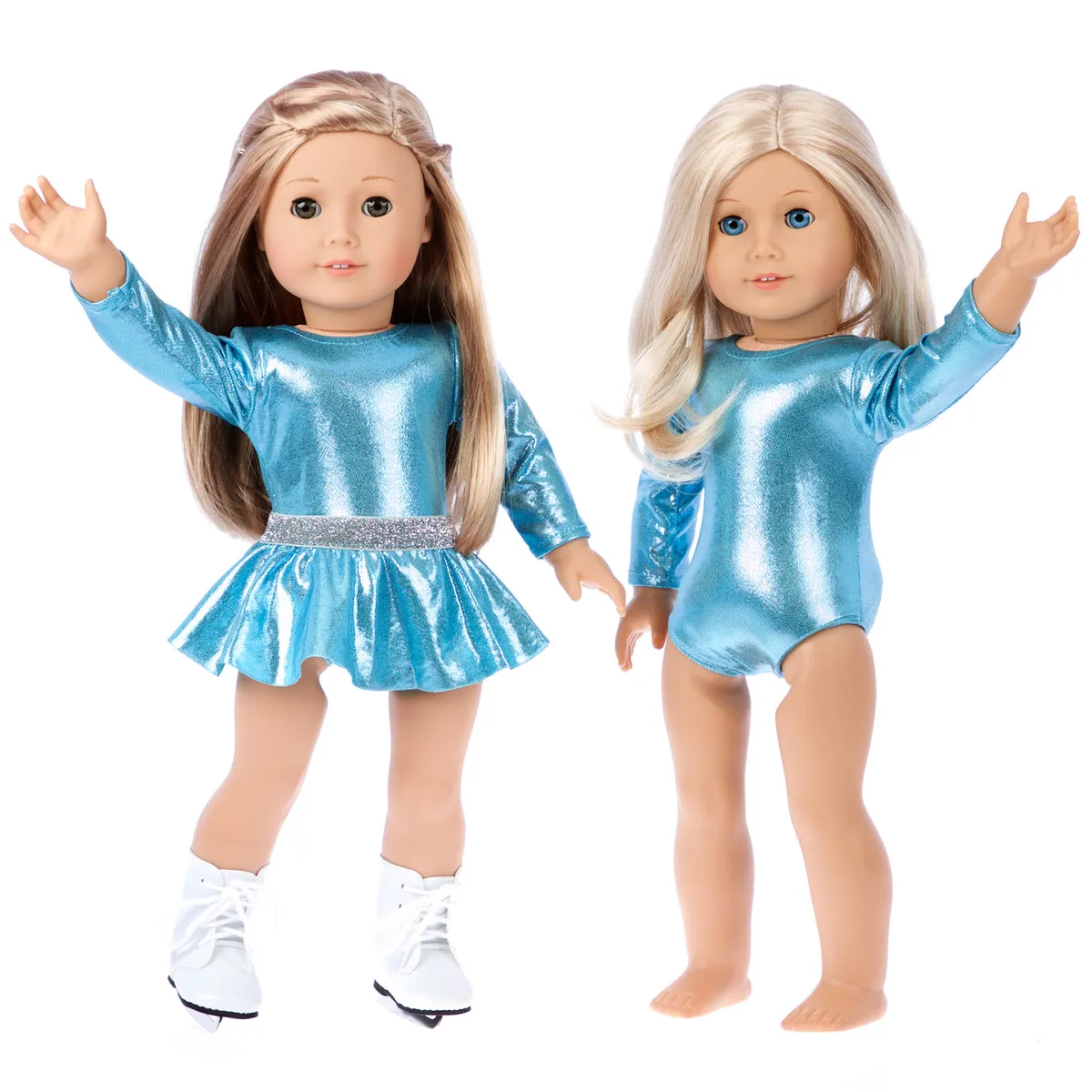 Super Skater - 2 Complete Ice Skating Doll Outfits for 18 inch Dolls - 5 Pieces - Leotard, Skirt, Pants, Jacket, White Skates