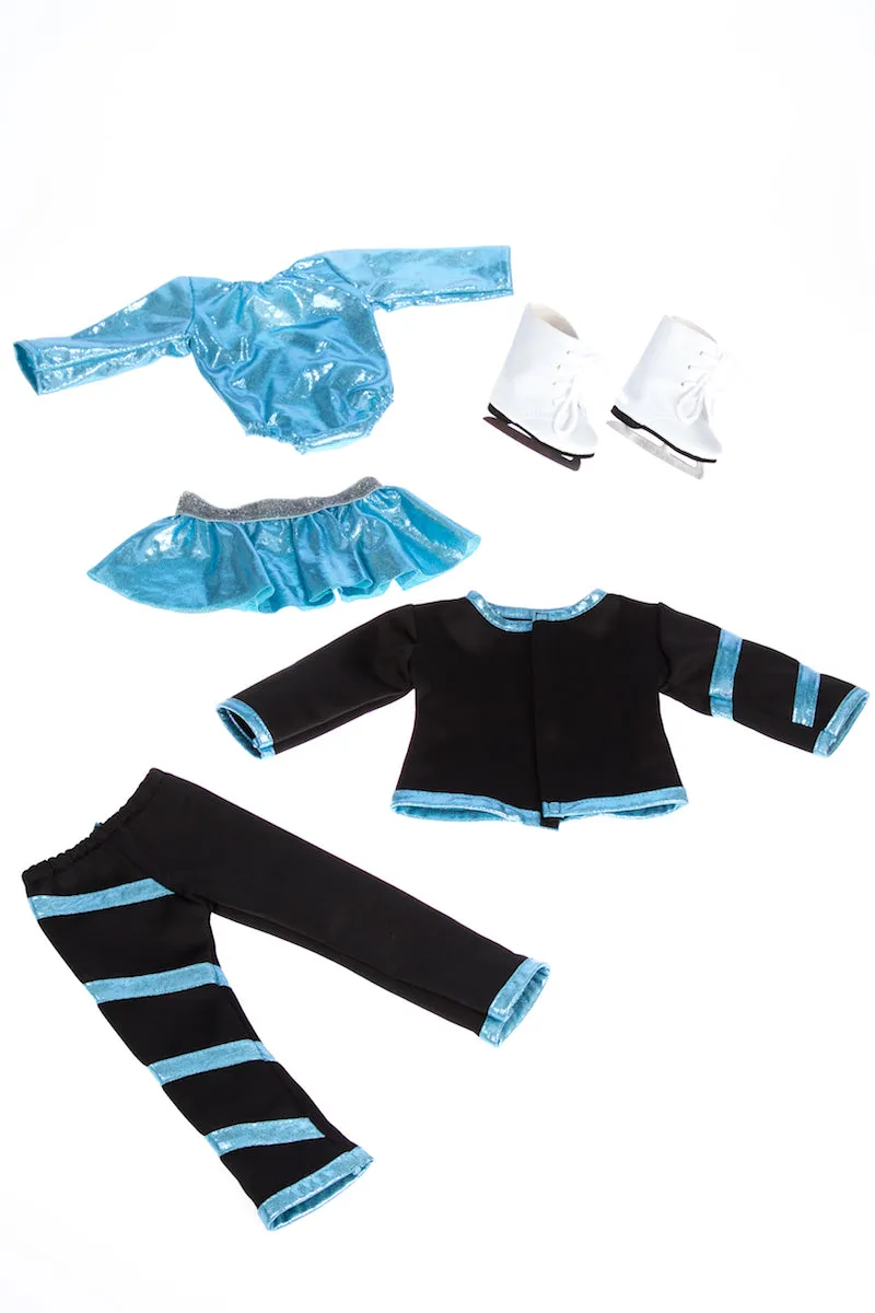 Super Skater - 2 Complete Ice Skating Doll Outfits for 18 inch Dolls - 5 Pieces - Leotard, Skirt, Pants, Jacket, White Skates