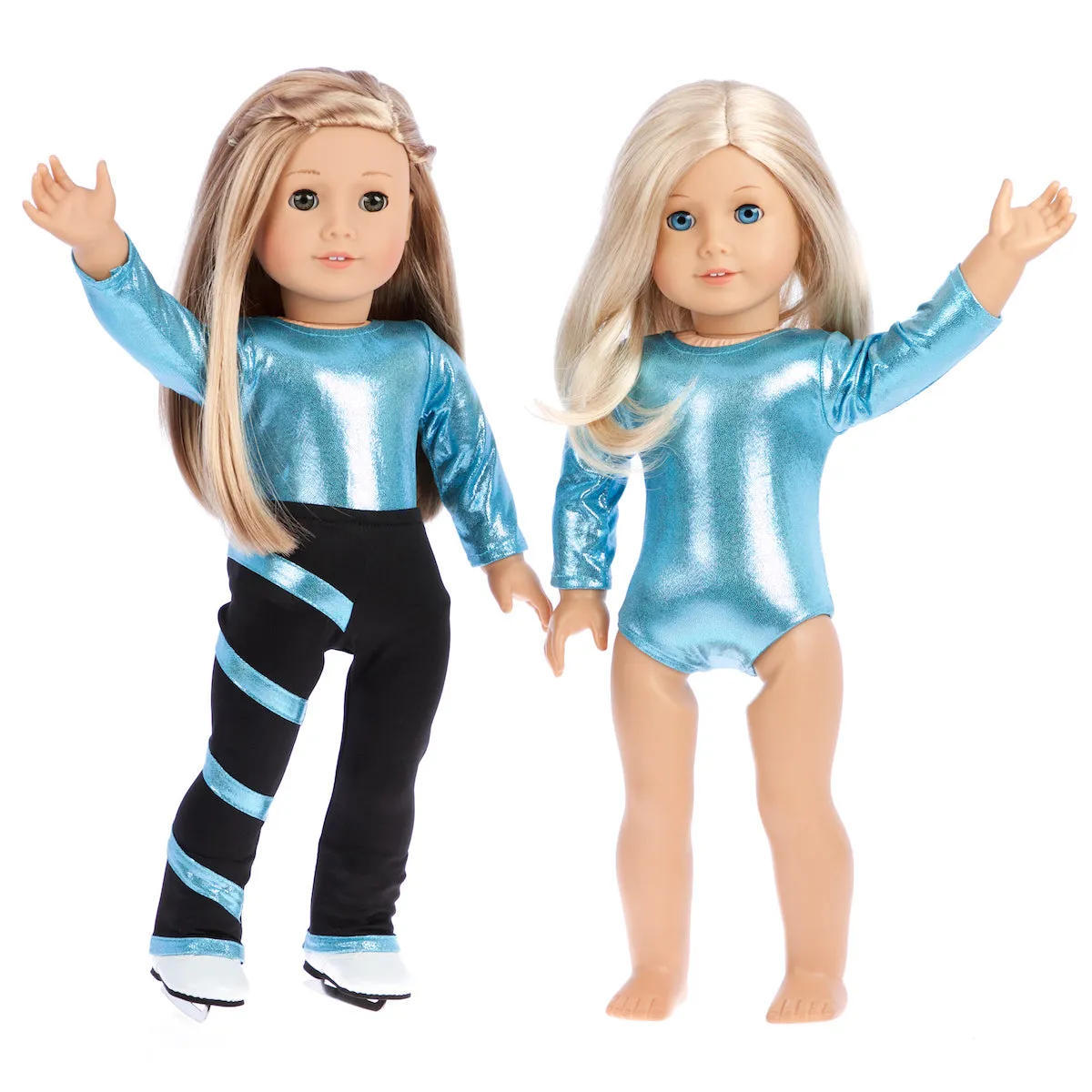 Super Skater - 2 Complete Ice Skating Doll Outfits for 18 inch Dolls - 5 Pieces - Leotard, Skirt, Pants, Jacket, White Skates