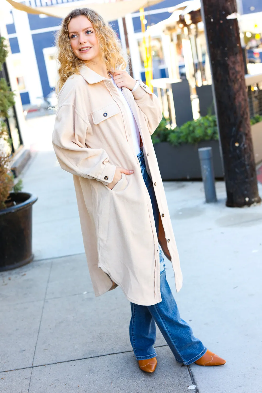 Taupe Fleece Button Down Duster Jacket