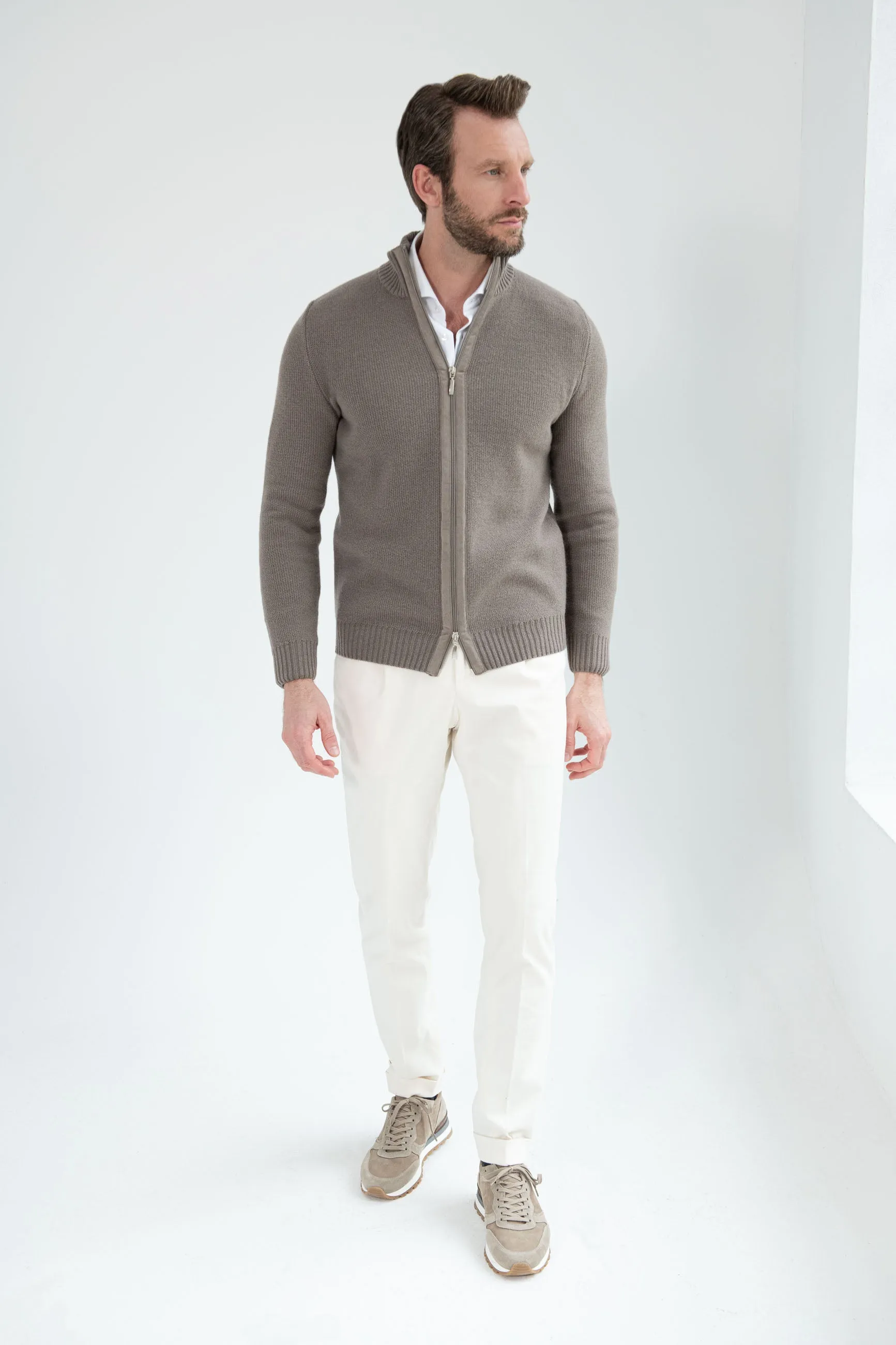 Taupe honeycomb cashmere blend full zip – Made in Italy