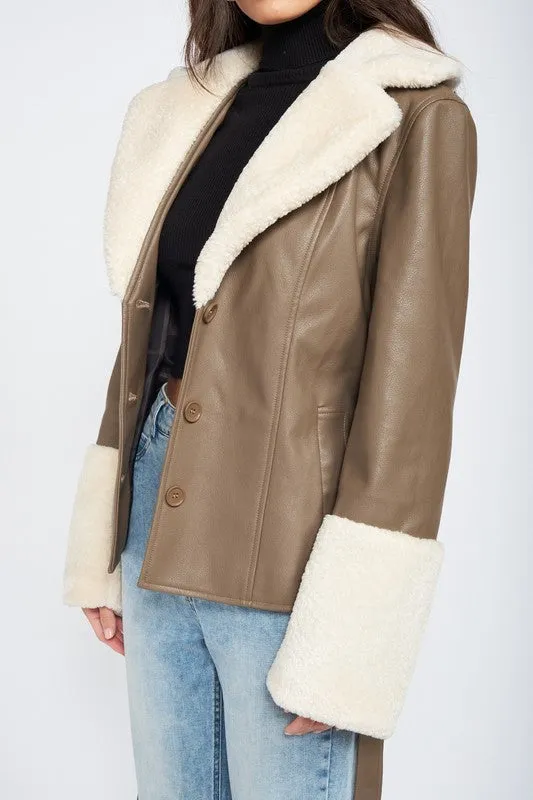 TEEK - BELTED FAUX SHEARING TRIMMED JACKET