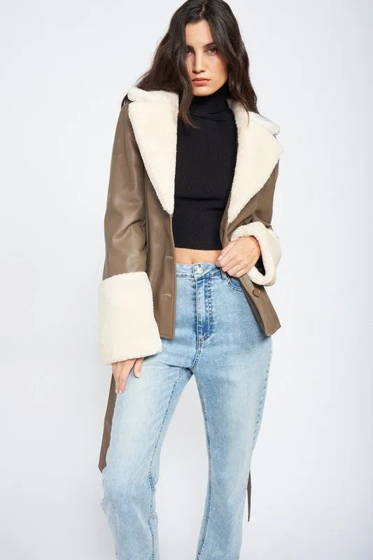 TEEK - BELTED FAUX SHEARING TRIMMED JACKET