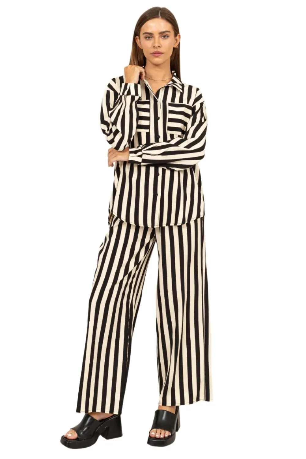 TEEK - Black Striped Button Up Shirt and Pants Set