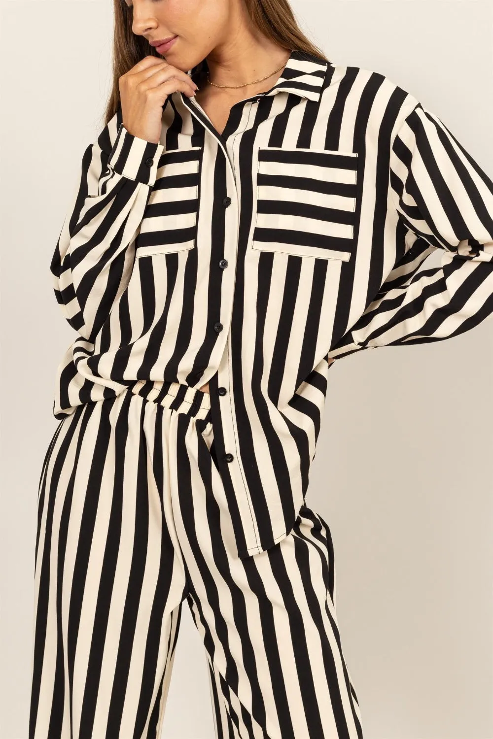 TEEK - Black Striped Button Up Shirt and Pants Set