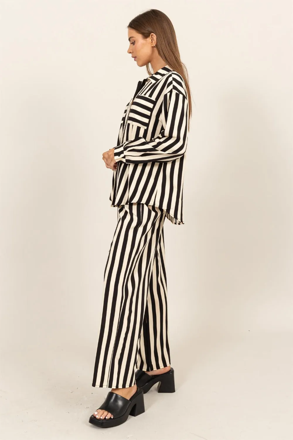 TEEK - Black Striped Button Up Shirt and Pants Set