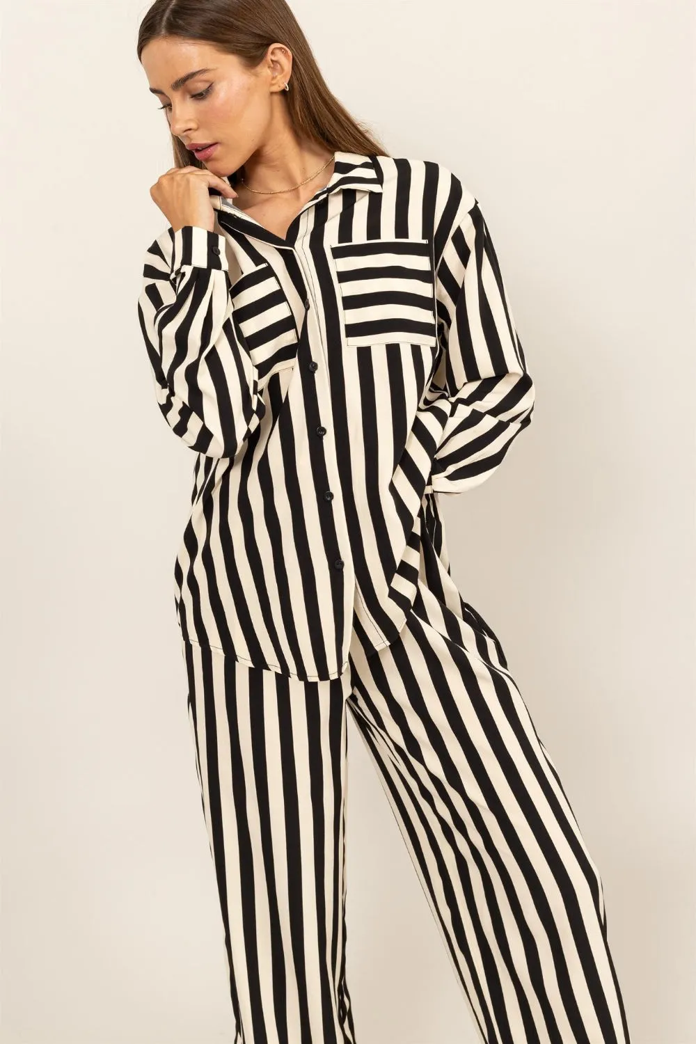 TEEK - Black Striped Button Up Shirt and Pants Set